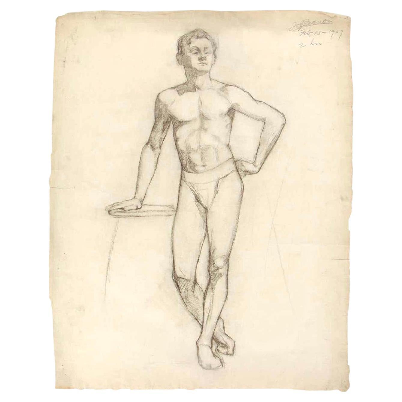 John Joseph Owens Male Nude Figure Study, 1909, Charcoal on Paper, Signed, Dated