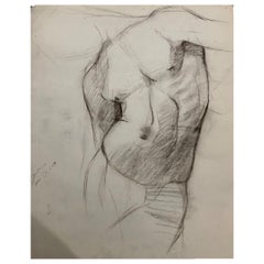 John Joseph Owens Model Nude Figural Study, Torso, 1909, Charcoal and Ink, Paper