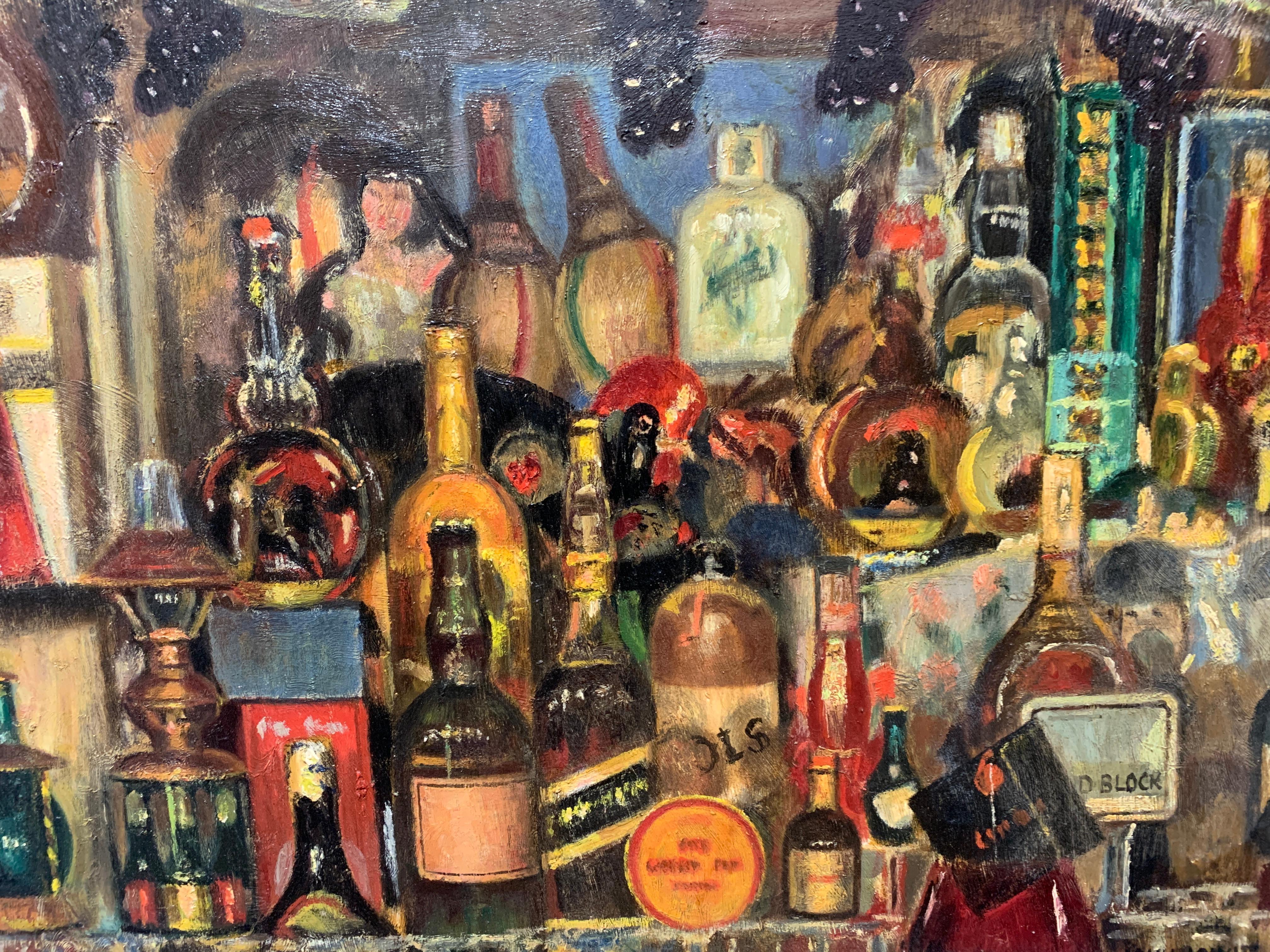 English  1960's mid century modern bar of bottles of alcohol in a pub/bar - Brown Still-Life Painting by John Jowitt
