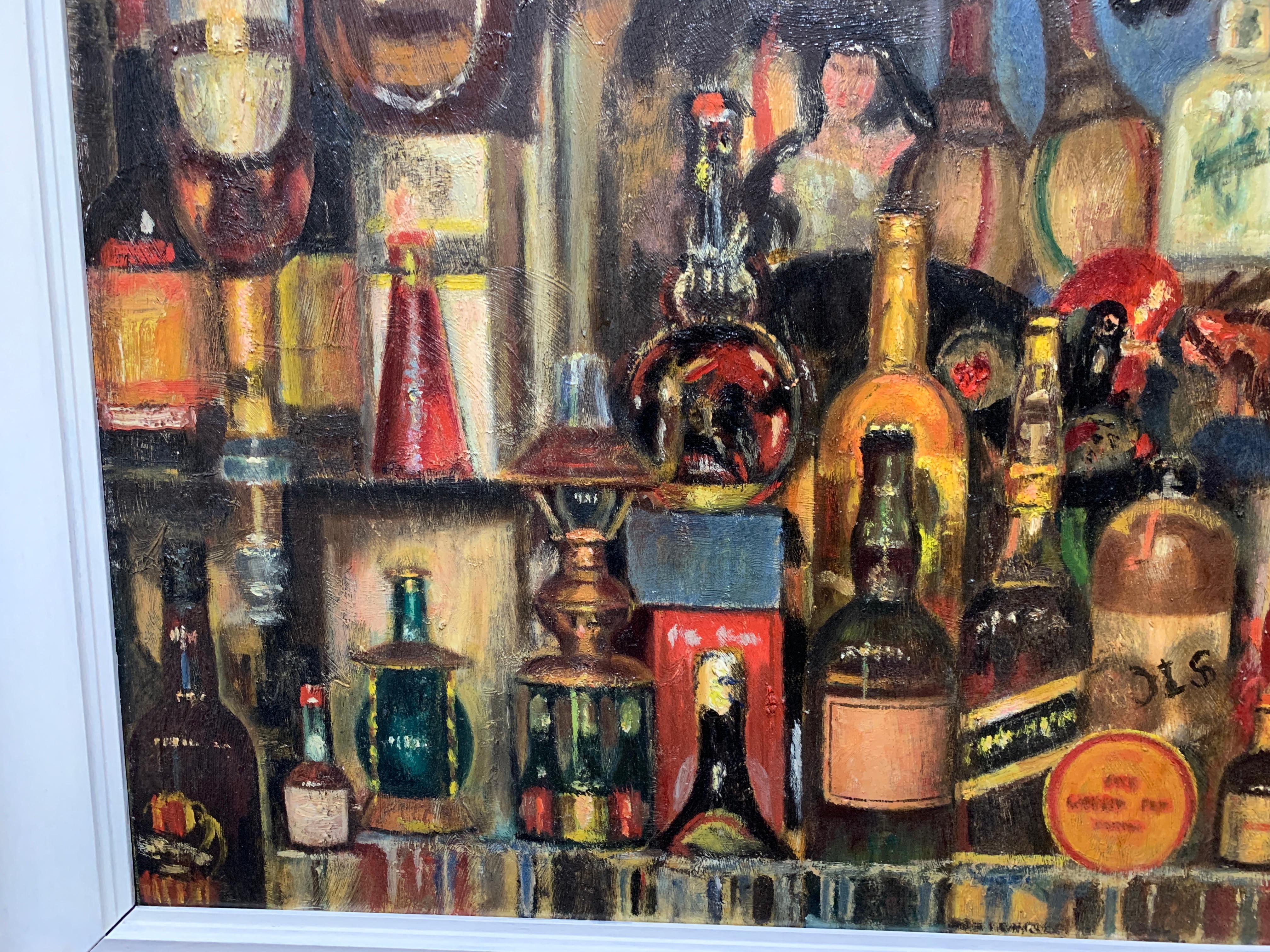 English  1960's mid century modern bar of bottles of alcohol in a pub/bar 1