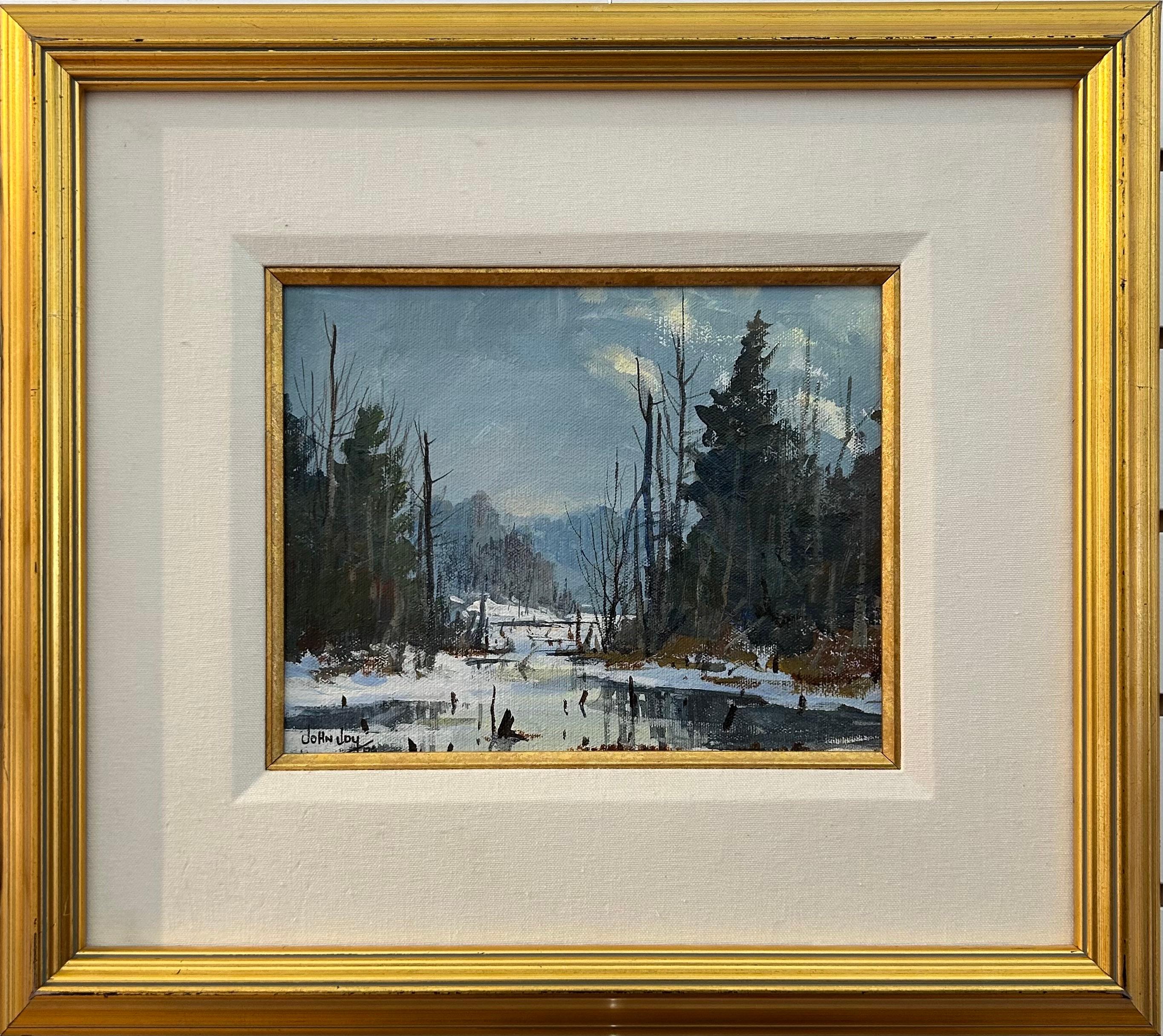 John Joy Landscape Painting – Kanadische Plein Air-Winterlandschaft „Holly's Pond“