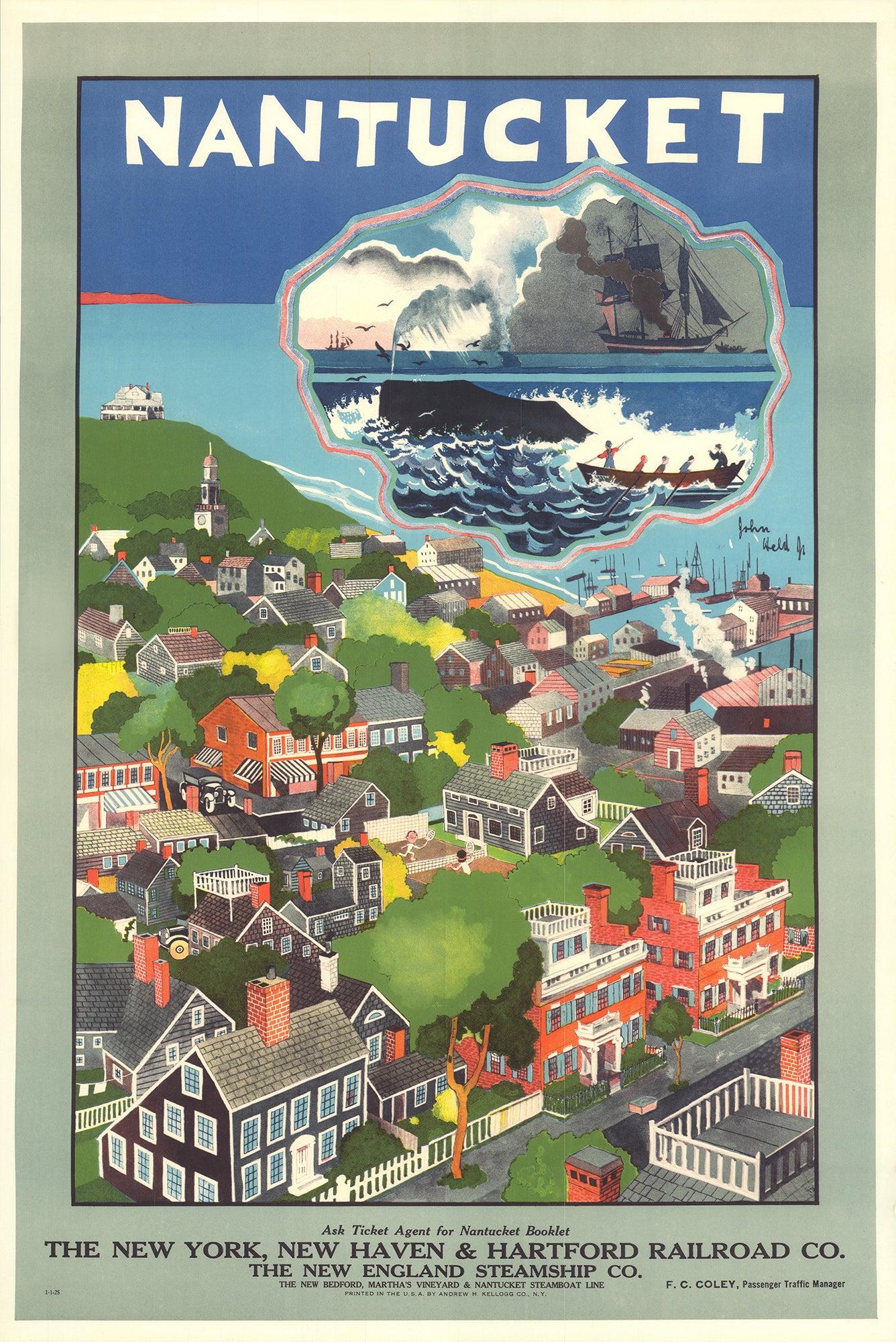 This beautifully printed reproduction captures the charm of Nantucket, showcasing its small towns, scenic beaches, and sweeping ocean views. Though the artist remains unknown, the poster reflects the classic style of early American travel
