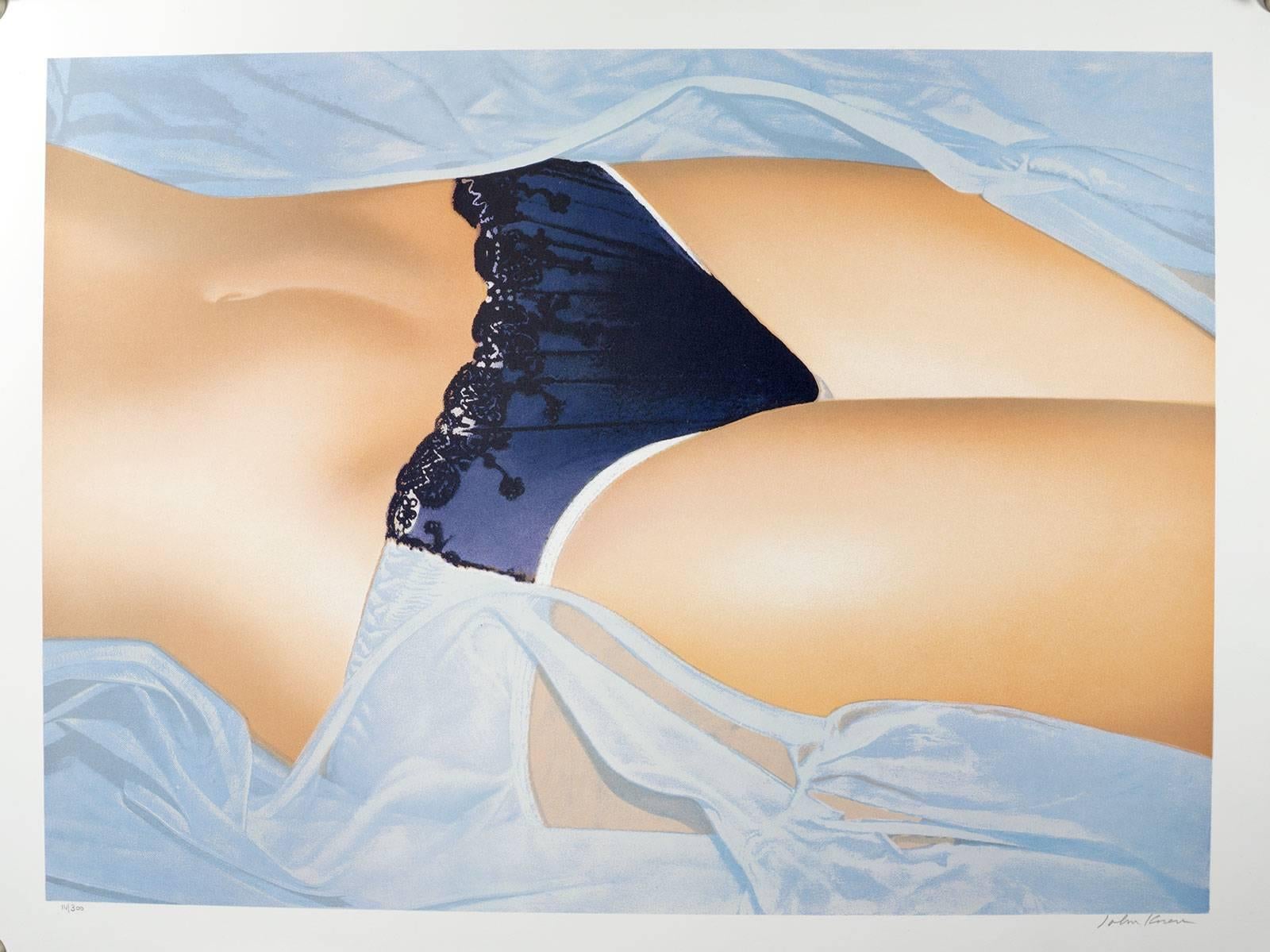 John Kacere Figurative Print - Blue Panties (female nude clothed in sexy lingerie in POP art manner)