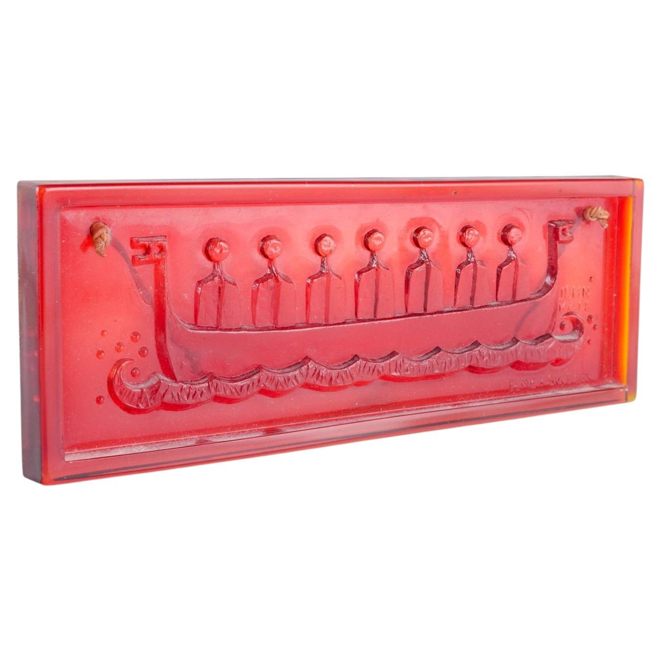 John Käll, Elme Sweden. Wall-mounted art glass relief with Viking ship, 1970s.