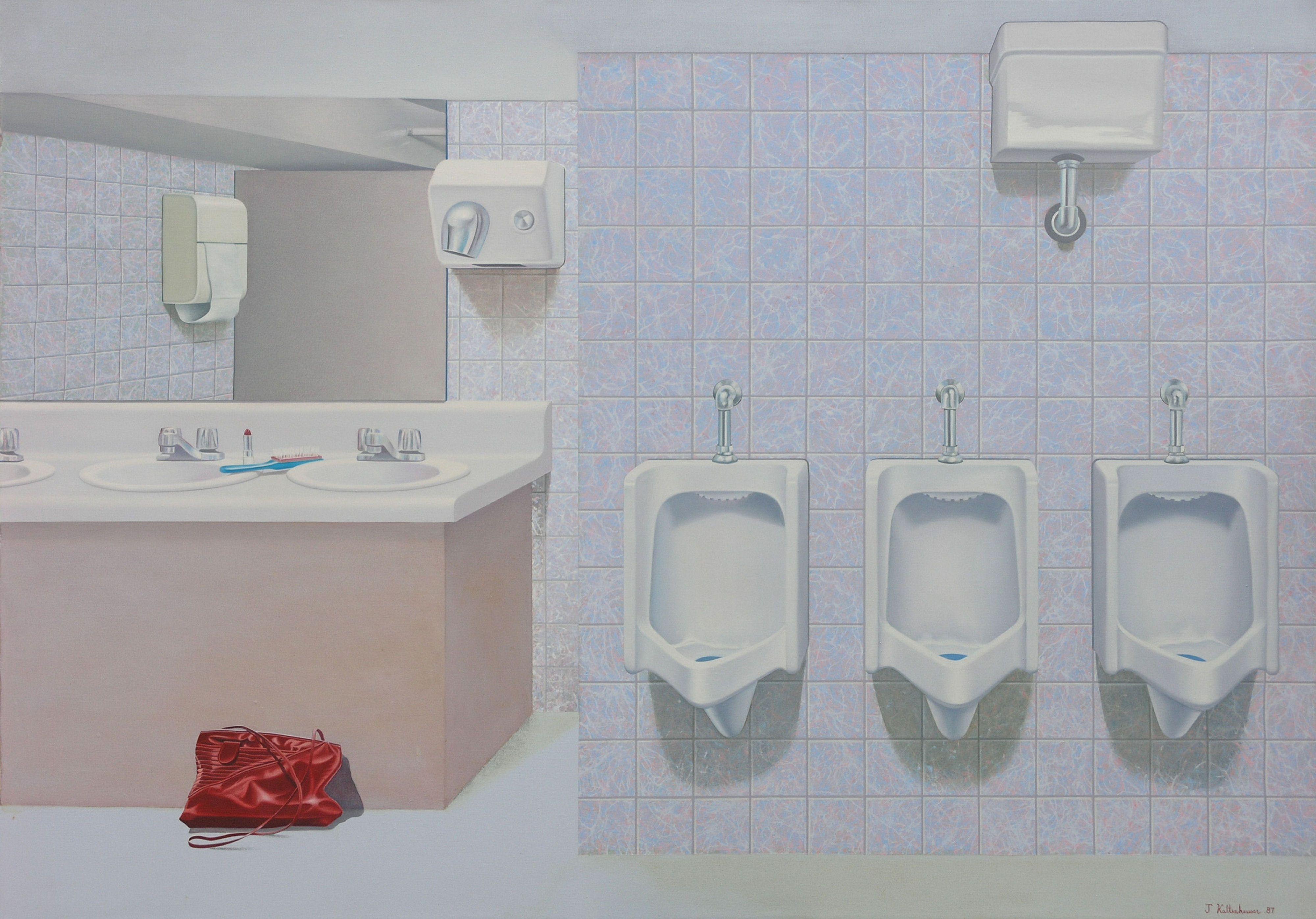 Years ago before I transitioned to mostly landscapes, I created paintings with a variety of subject matter including pop art, surrealism, and urban and rural culture. Powder Room was painted back in '87 and I believe it is more relevant today than