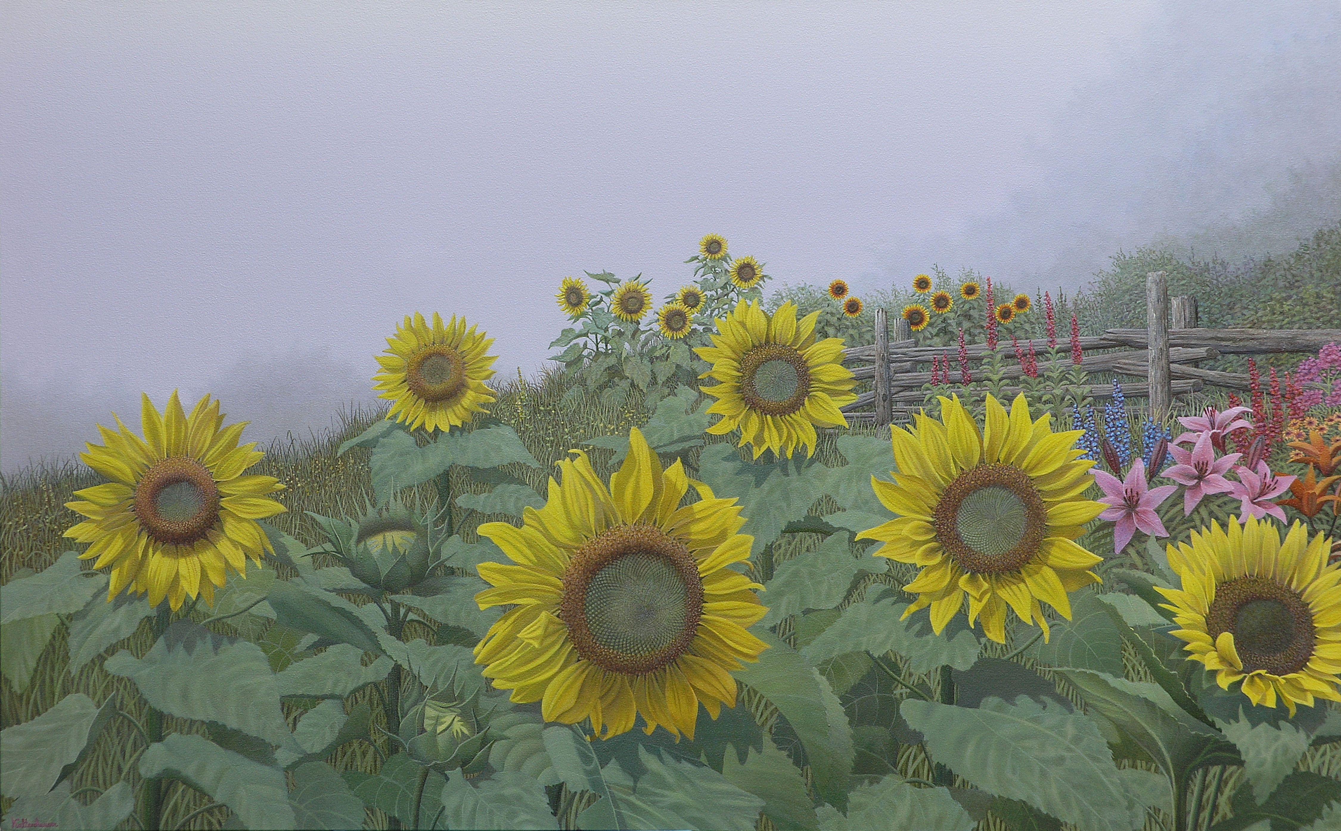 In this creation I chose a muted grey for the sky as I wanted the focus to be on the sunflowers and the background to compliment, not take over. This was purely from my imagination using photos as reference materials.  ** Please note that due to the