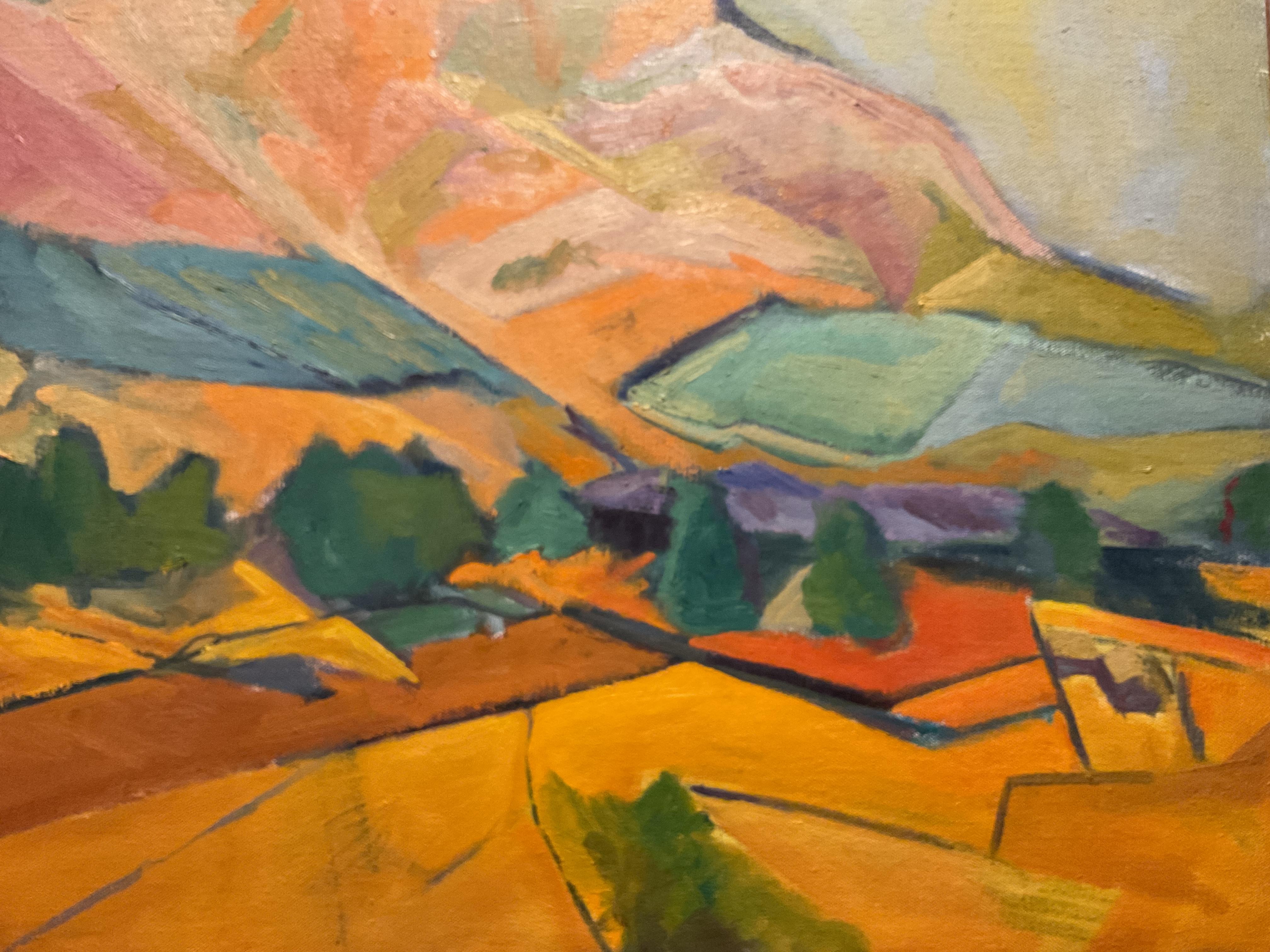 Vintage Modernist Oil on Canvas Painting - Mountainous Valley, dated 1981 - Brown Landscape Painting by John Kaufman