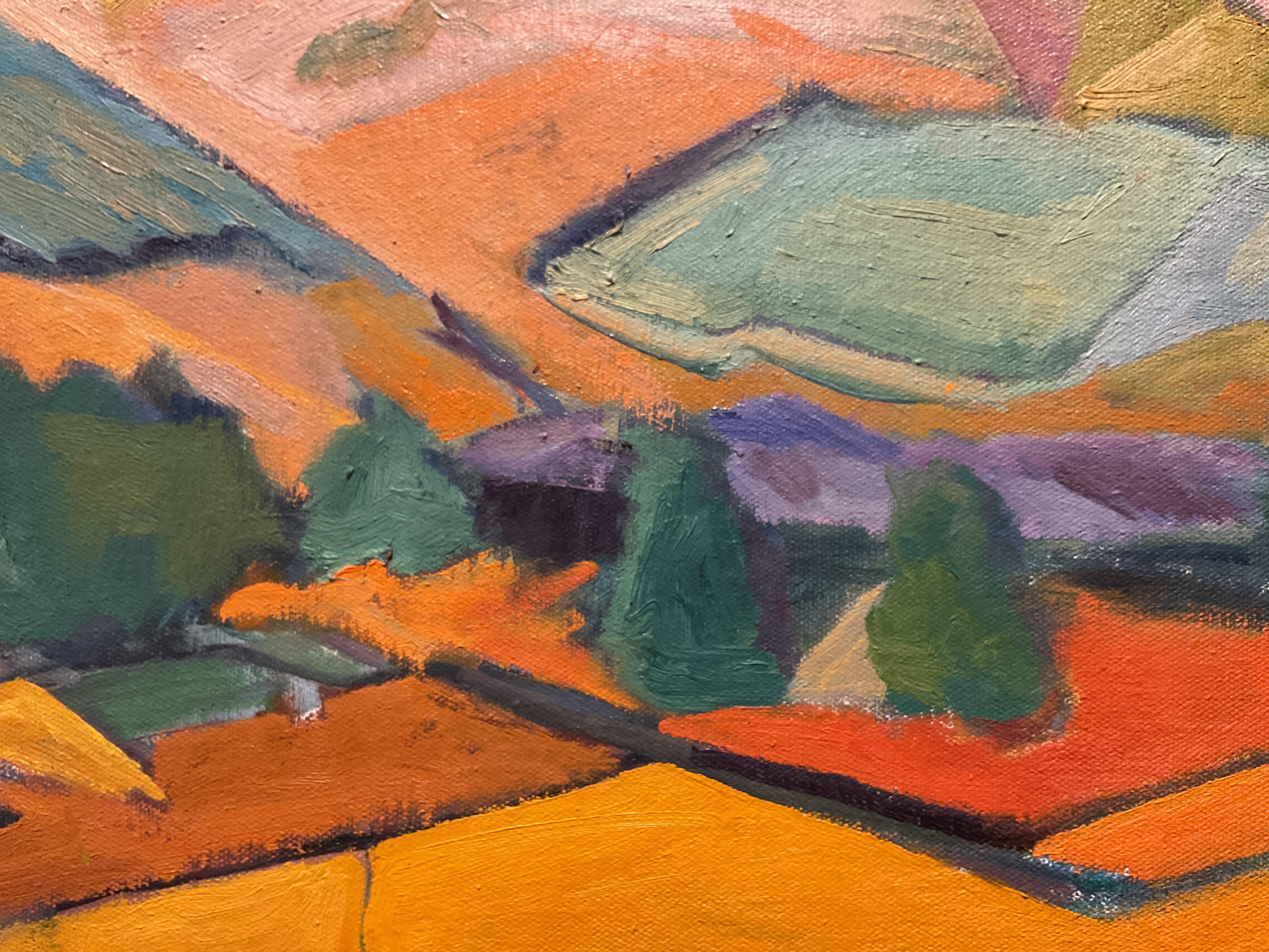 This modernist expressionist oil on canvas painting is probably American and is dated 1981. It is signed by the artist John Kaufman on the back side only.   The scene is a mountainous valley that could very well be the Rockies.  Kaufman's work is