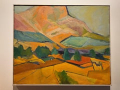 Peinture moderniste vintage à l'huile sur toile - Valley Mountainous, datée de 1981