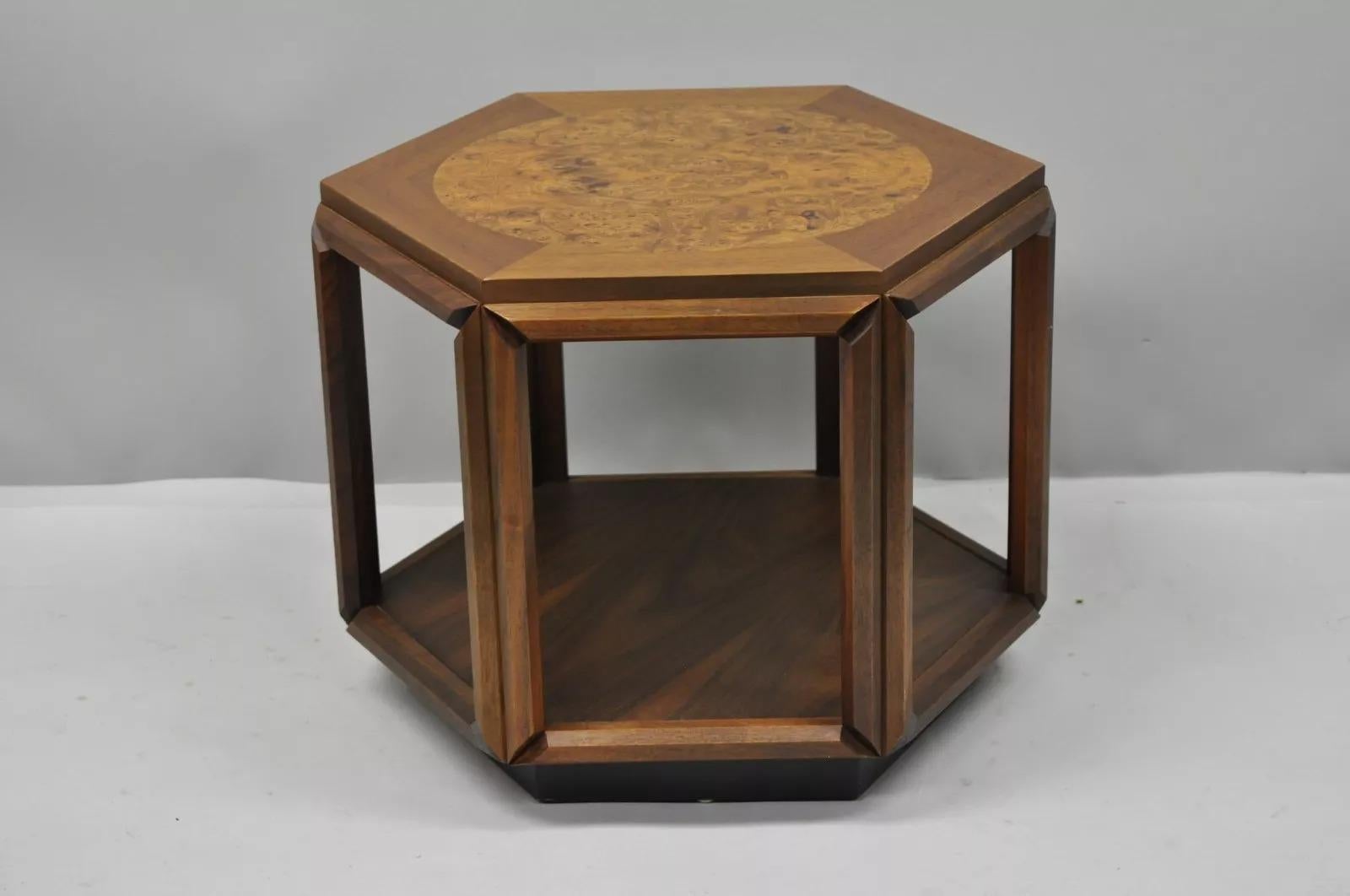 Table d'appoint hexagonale en bois de ronce I John Keal Brown Mid Century Modern Side Table Set of 3 en vente 4