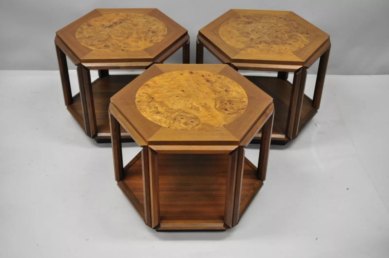 Table d'appoint hexagonale en bois de ronce I John Keal Brown Mid Century Modern Side Table Set of 3 en vente 5
