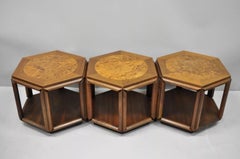 John Keal Brown Saltman Burl Wood Hexagon Mid Century Modern Side Table Set of 3
