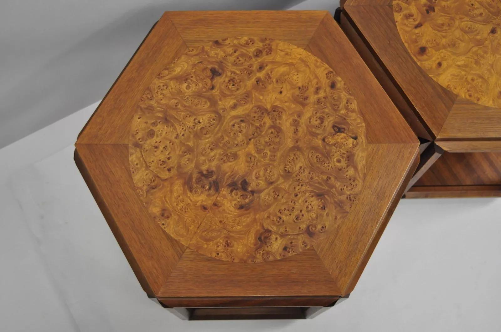 Inconnu Table d'appoint hexagonale en bois de ronce I John Keal Brown Mid Century Modern Side Table Set of 3 en vente