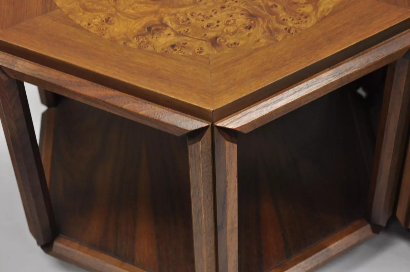 Noyer Table d'appoint hexagonale en bois de ronce I John Keal Brown Mid Century Modern Side Table Set of 3 en vente