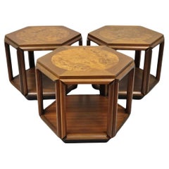 John Keal Brown Saltman Hexágono de madera burl Moderna de mediados de siglo Mesa auxiliar Juego de 3