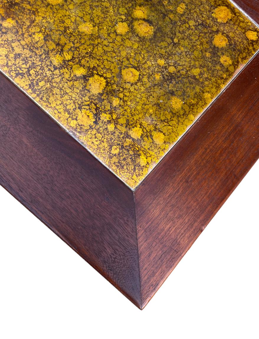 Beautiful John Keal designed side table for Brown Saltman furniture co. Walnut solid legs and square frame with painted metal inlay. In great shape and signed. 
Dimensions: 15” tall, 18” wide and deep.
