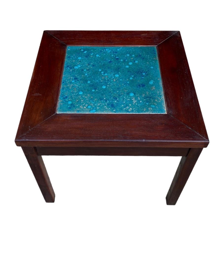 Beautiful John Keal designed side table for Brown Saltman furniture co. Walnut solid legs and square frame with painted metal inlay. In great shape and signed. 
Dimensions: 15” tall, 18” wide and deep.