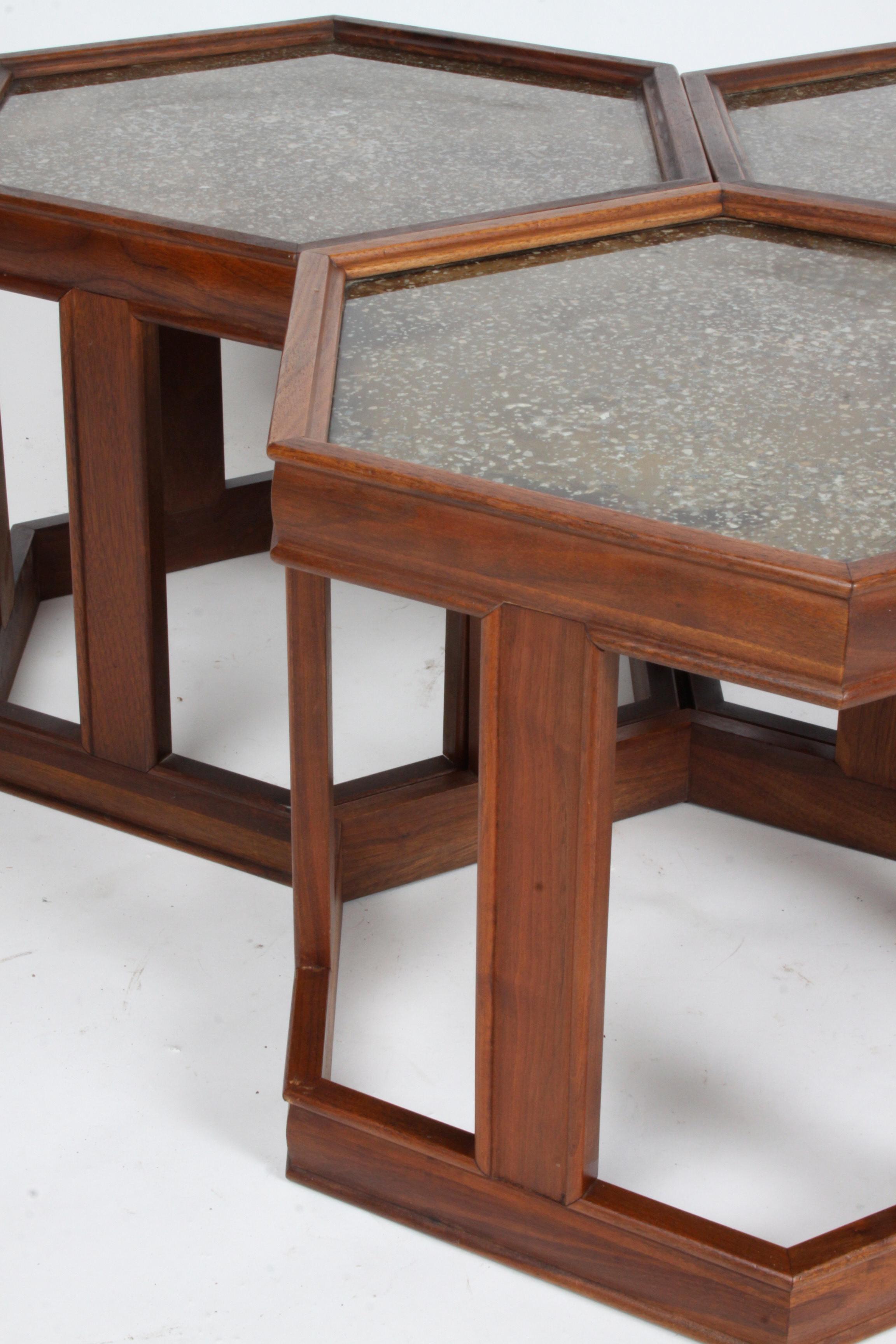  John Keal designed for Brown Saltman, Mid-Century Modern set of three hexagonal tables  that can be used as a group or separated. Frames are teak with enameled textured design under glass tops. Overall very nice original condition, some scuffs to