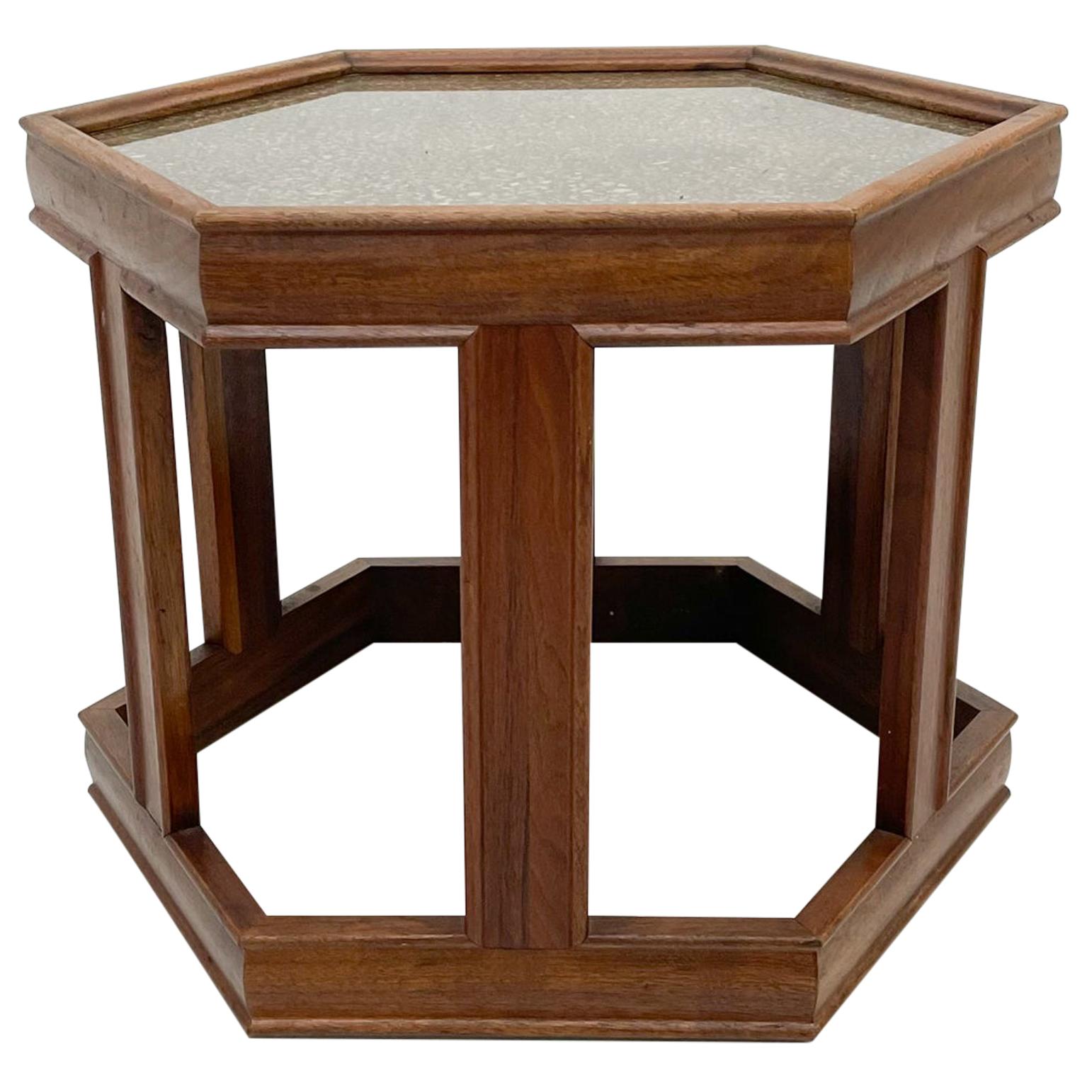 
1960s John Keal for Brown Saltman Hexagonal Side Table
Walnut Wood and Enamel Copper Glass Tabletop
Insert appears as pebble composite under glass
16 h x 18 d
Maker Label
Preowned Unrestored Original Vintage. Vintage Wear present.
Refer to our