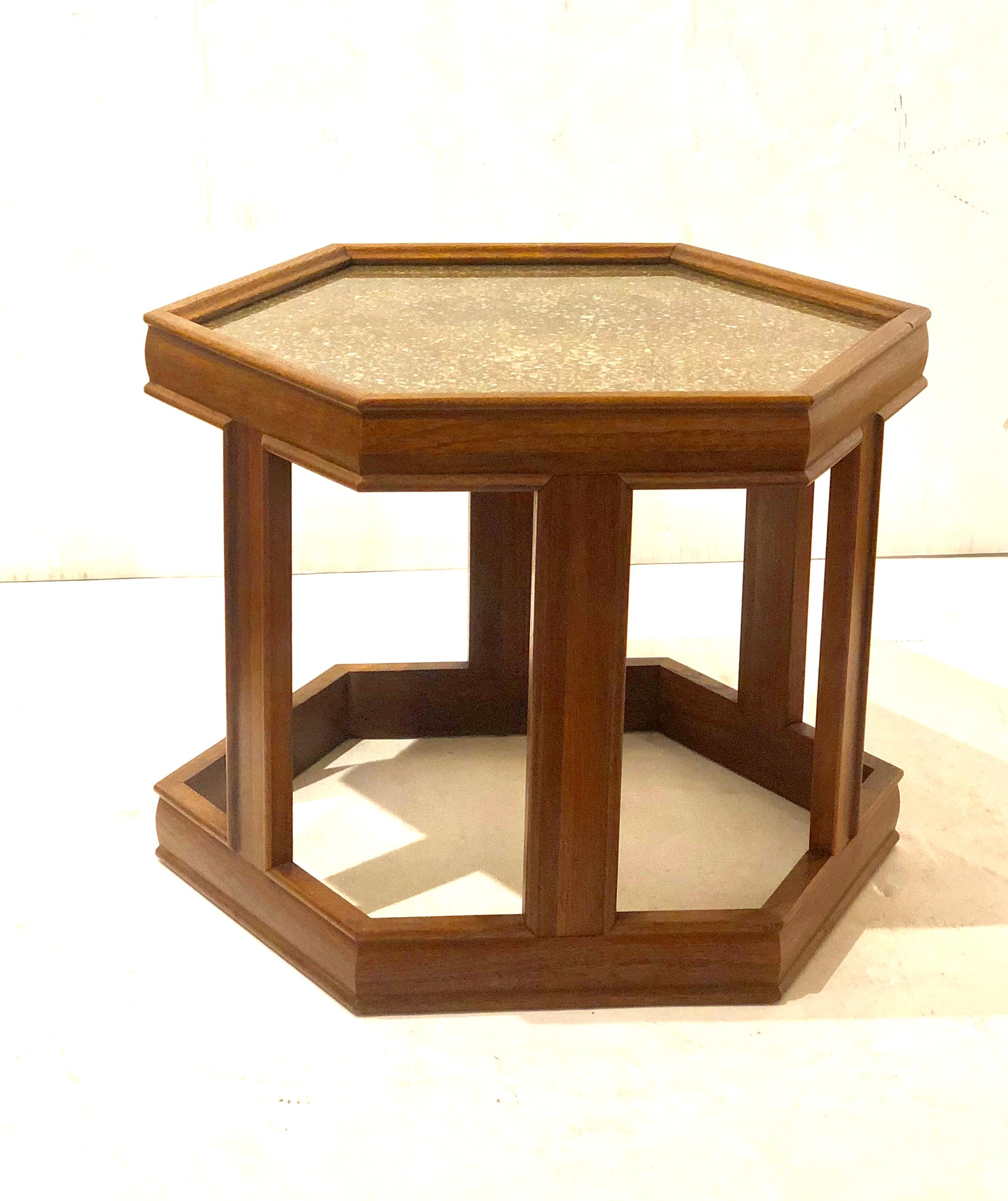 Hexagonal John Keal for Brown Saltman tables. Frames are in solid walnut with granulated pebble stones textured design under glass top.