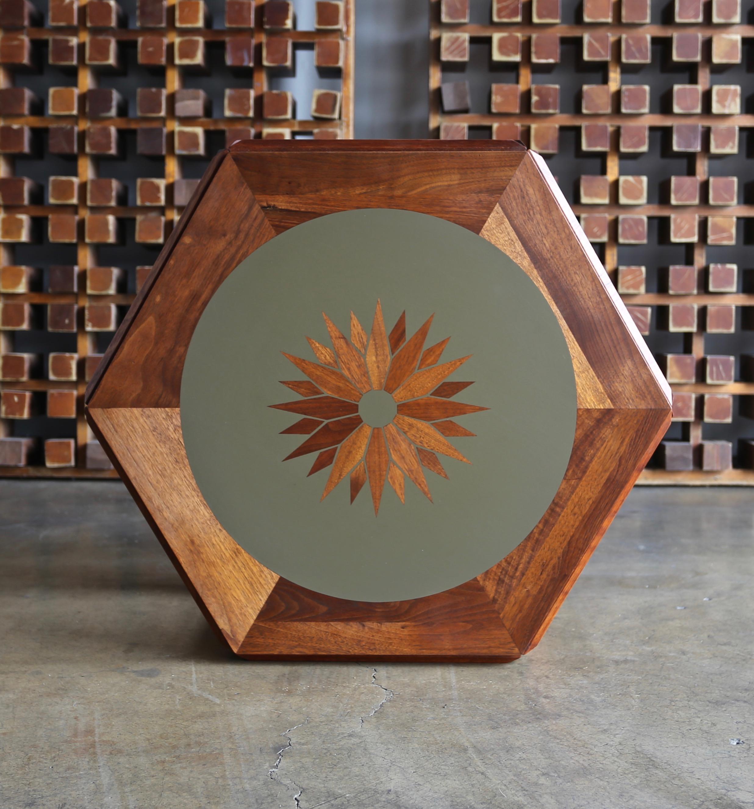 Mid-Century Modern John Keal for Brown Saltman Hexagonal Occasional Table with Sunburst Inlay