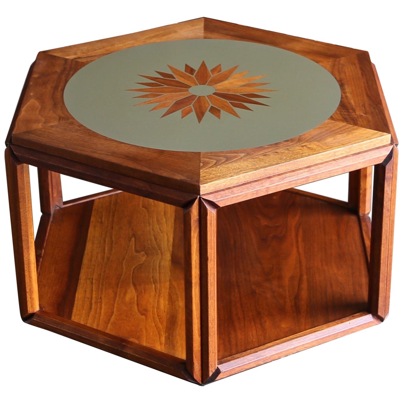 John Keal for Brown Saltman Hexagonal Occasional Table with Sunburst Inlay