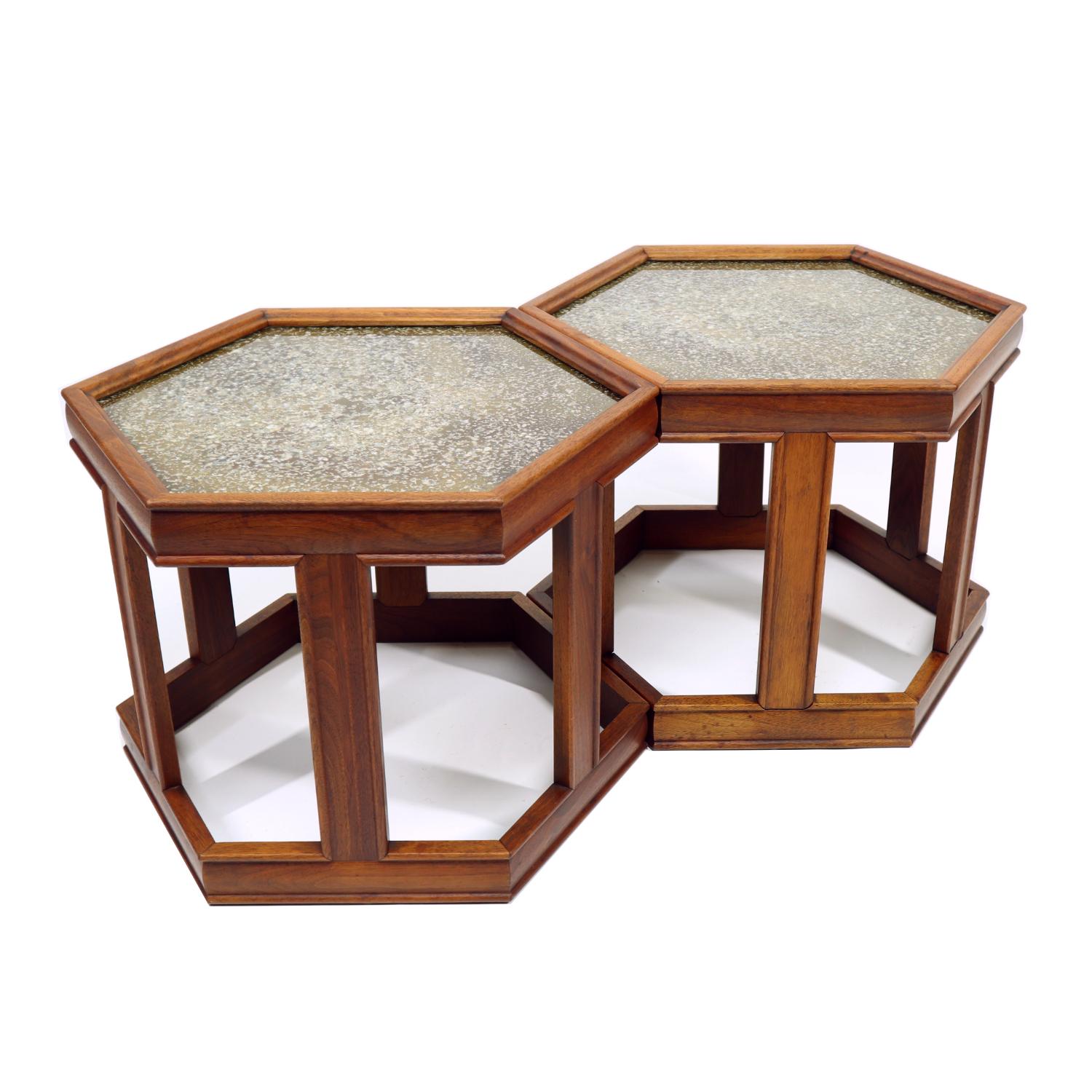 Mid-Century Modern John Keal for Brown Saltman Hexagonal Walnut Enamel Side Tables