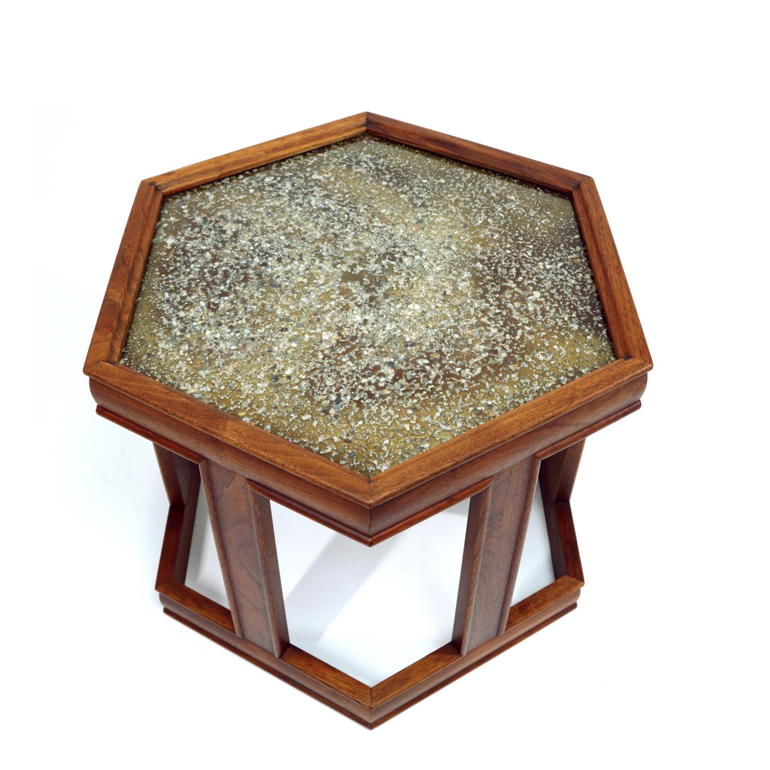 John Keal for Brown Saltman Hexagonal Walnut Enamel Side Tables In Excellent Condition In Chattanooga, TN