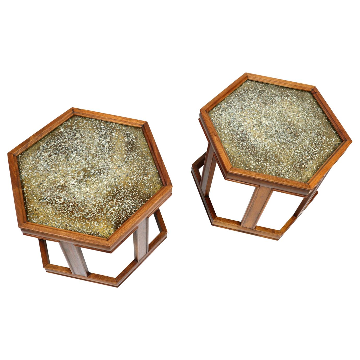Pair of John Keal for Brown Saltman hexagonal walnut enamel side tables. This pair is time capsule quality, outstanding original condition! The six sided, small tables are ideal to be used as side tables. Push the tables together to create a coffee