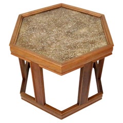 John Keal for Brown Saltman Hexagonal Walnut Side Table with Enamel Under Glass