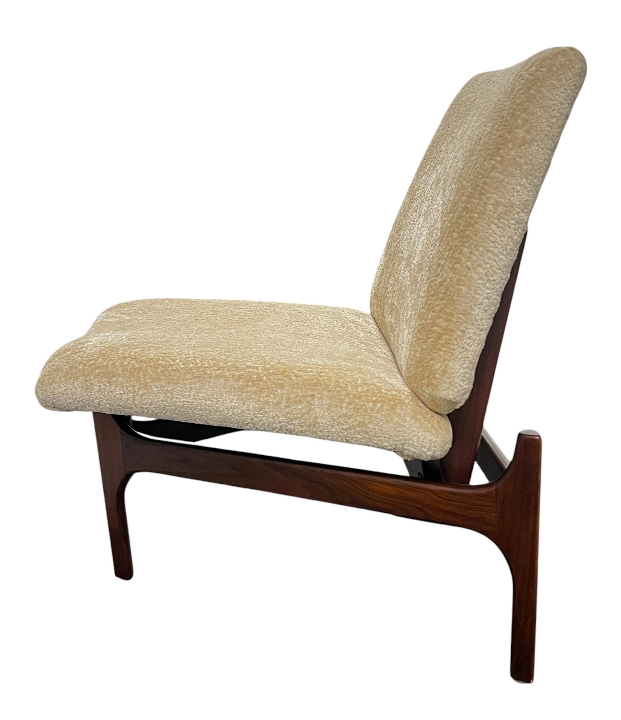 Fantastic Mid-Century Vintage John Keal for Brown Saltman Low Profile Walnut 3 Legged Triangular Lounge Chair.  Excellent vintage condition with age appropriate wear.  Chair has been newly upholstered with a Beige Plush upholstery. 