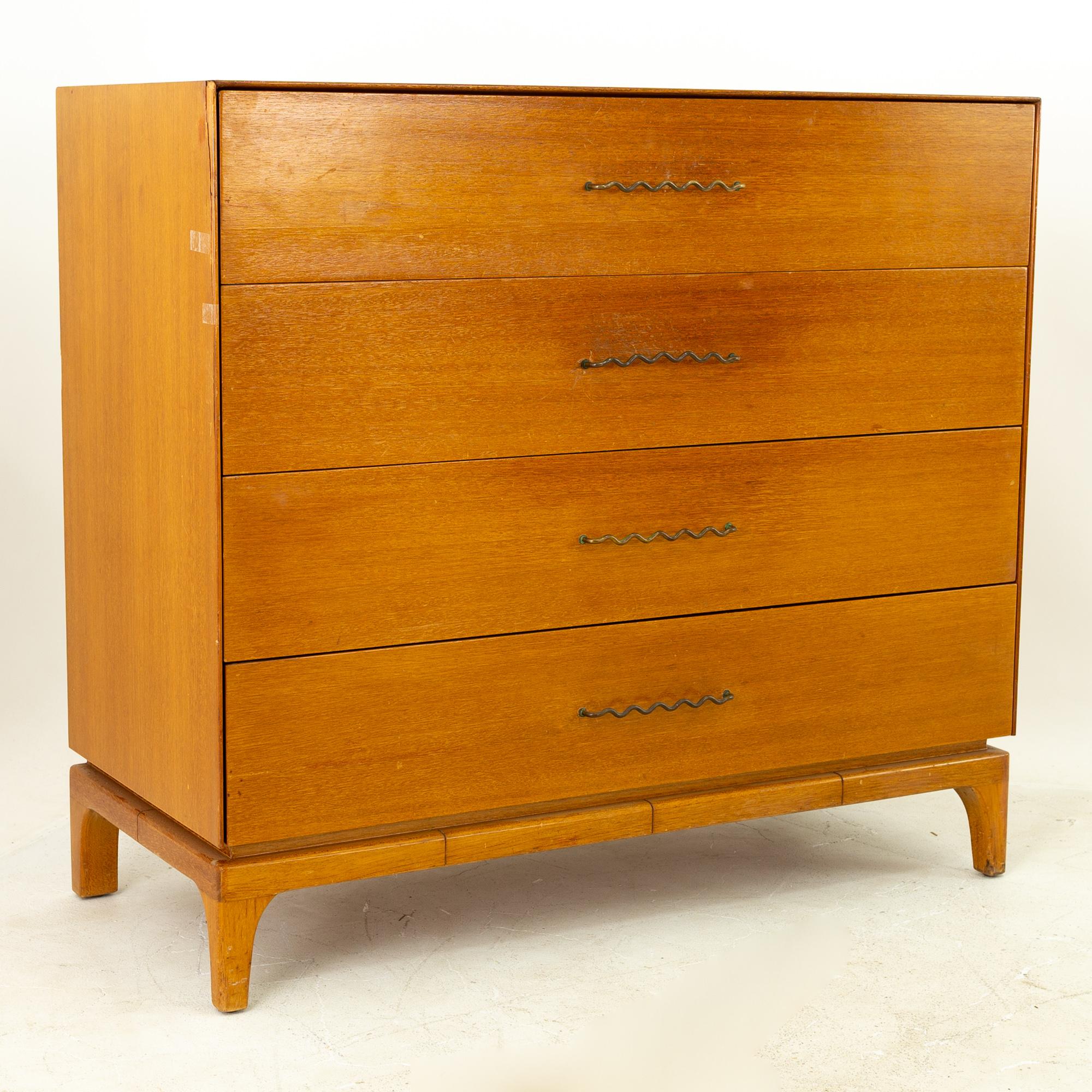 John Keal for Brown Saltman Mid Century mahogany 4-drawer highboy dresser 

Measures: 40 wide x 18 deep x 36.5 high

This price includes getting this piece in what we call restored vintage condition. That means the piece is permanently fixed upon