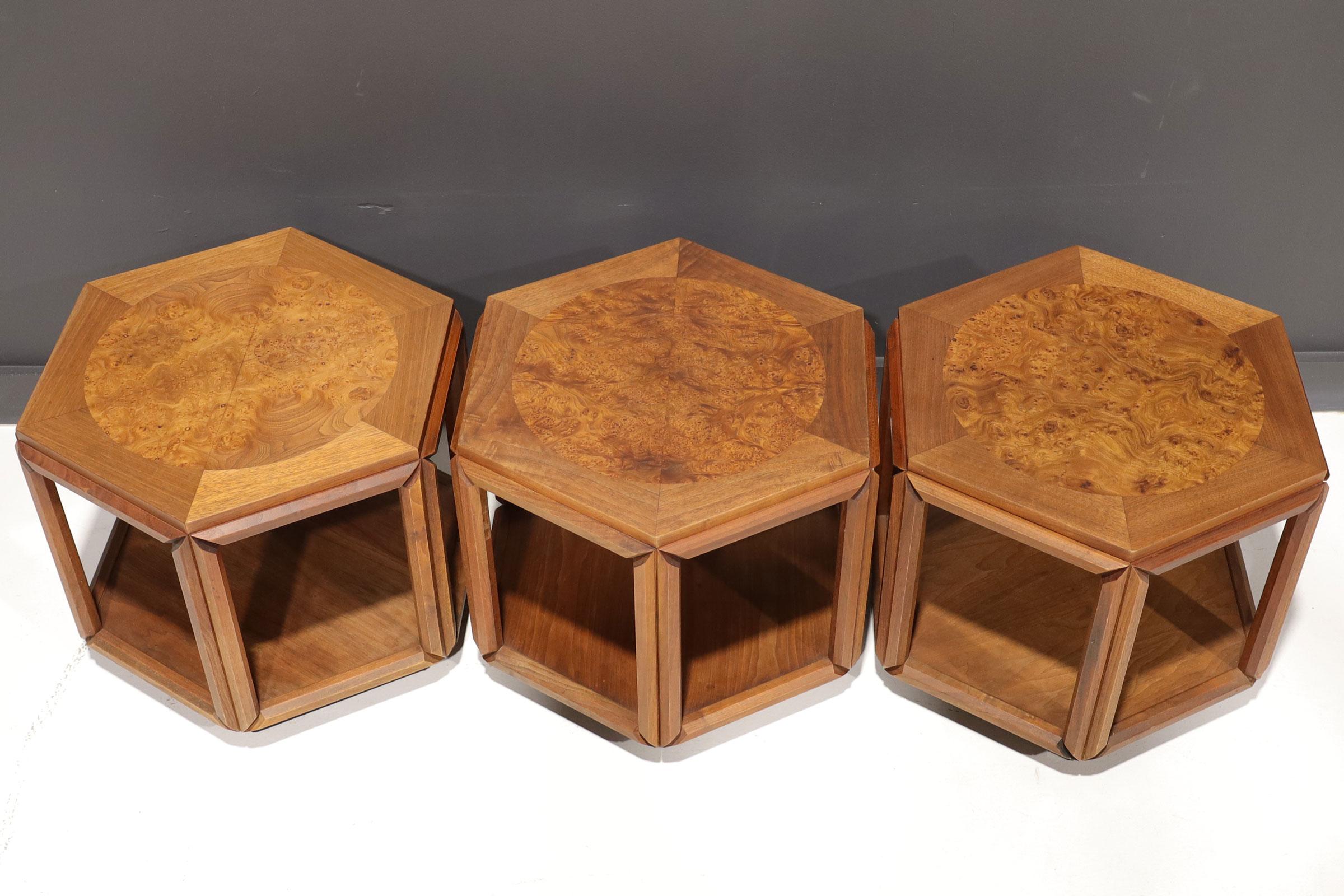 American John Keal for Brown Saltman Set of Three Walnut and Burl Cocktail Tables, 1970s For Sale