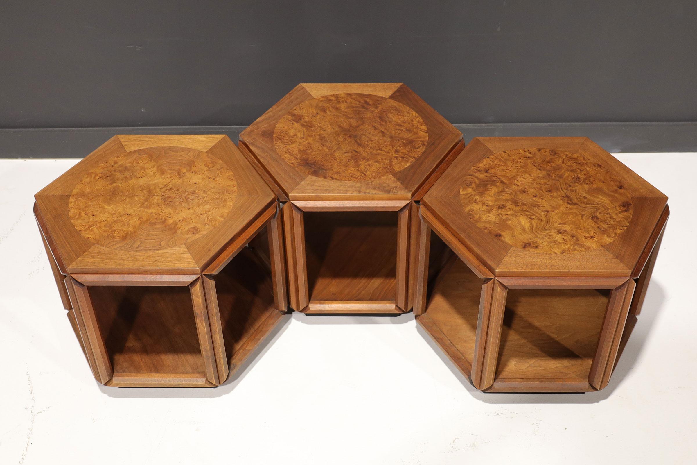 Wood John Keal for Brown Saltman Set of Three Walnut and Burl Cocktail Tables, 1970s For Sale