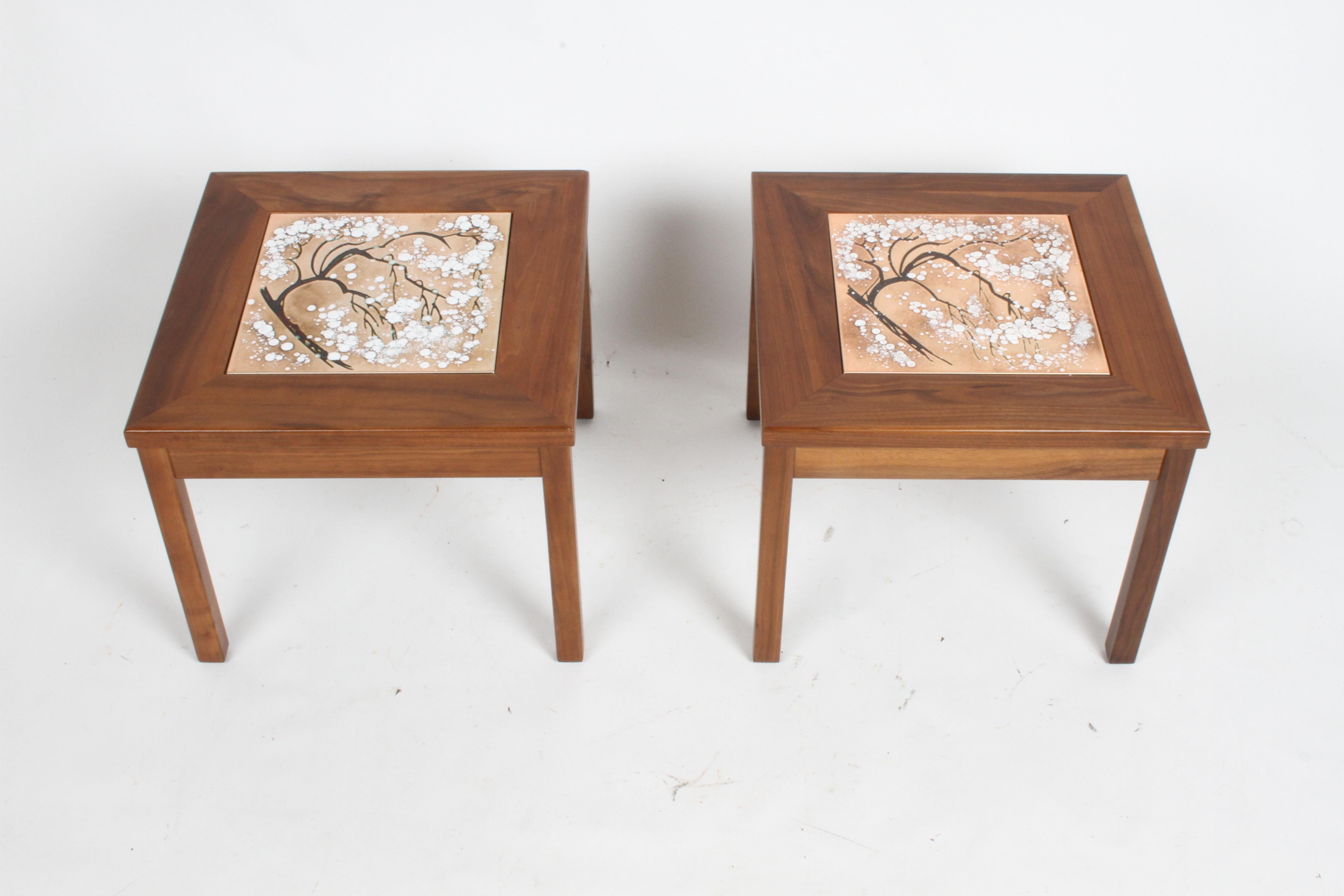 Pair of Mid-Century Modern John Keal for Brown Saltman walnut side tables with colorful ceramic art tiles in an abstract of a Japanese Snowbell Tree. Newly refinished and reglued. No labels.