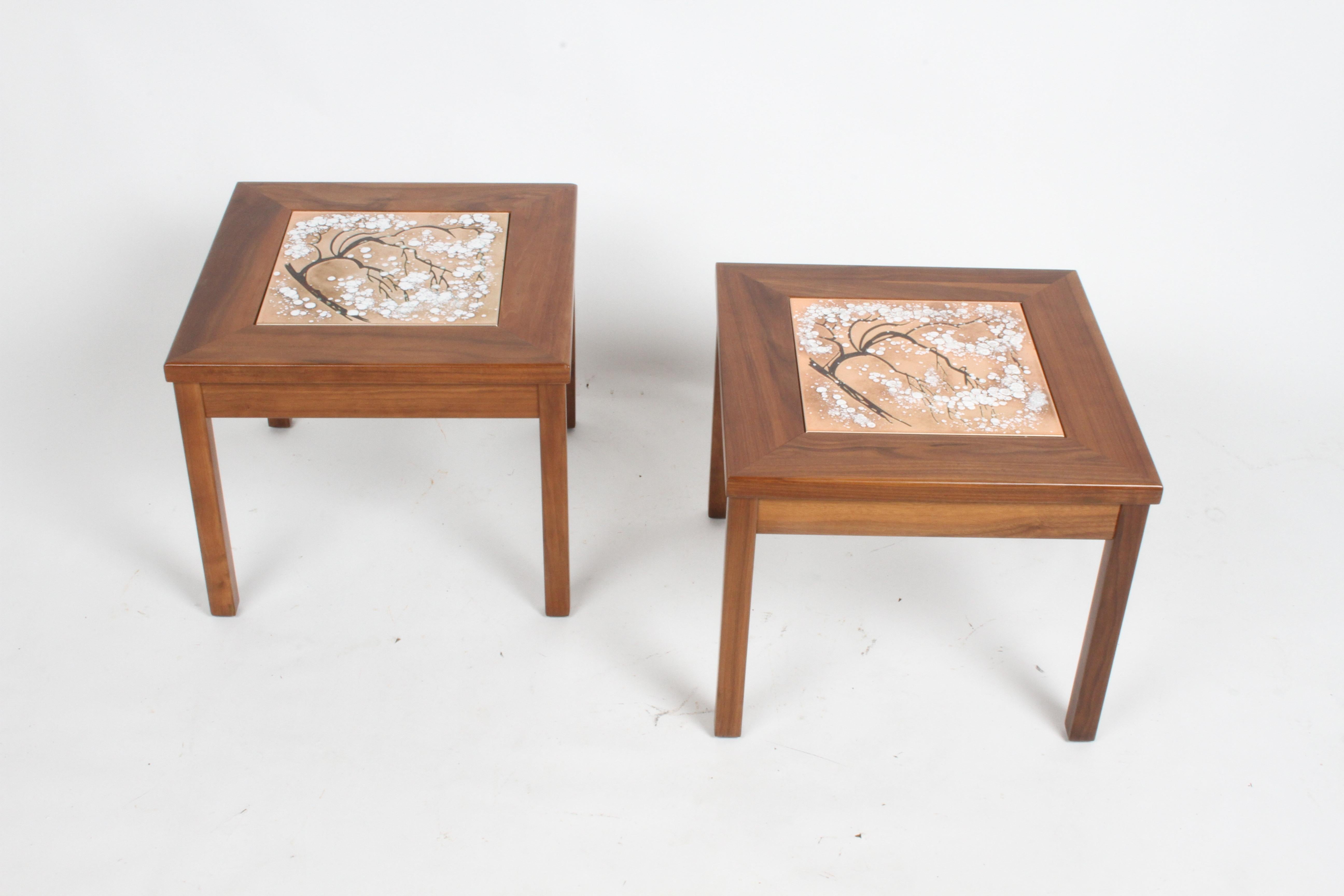 Mid-Century Modern John Keal for Brown Saltman Snowbell Tree Tile Top Design, Walnut Side Tables For Sale