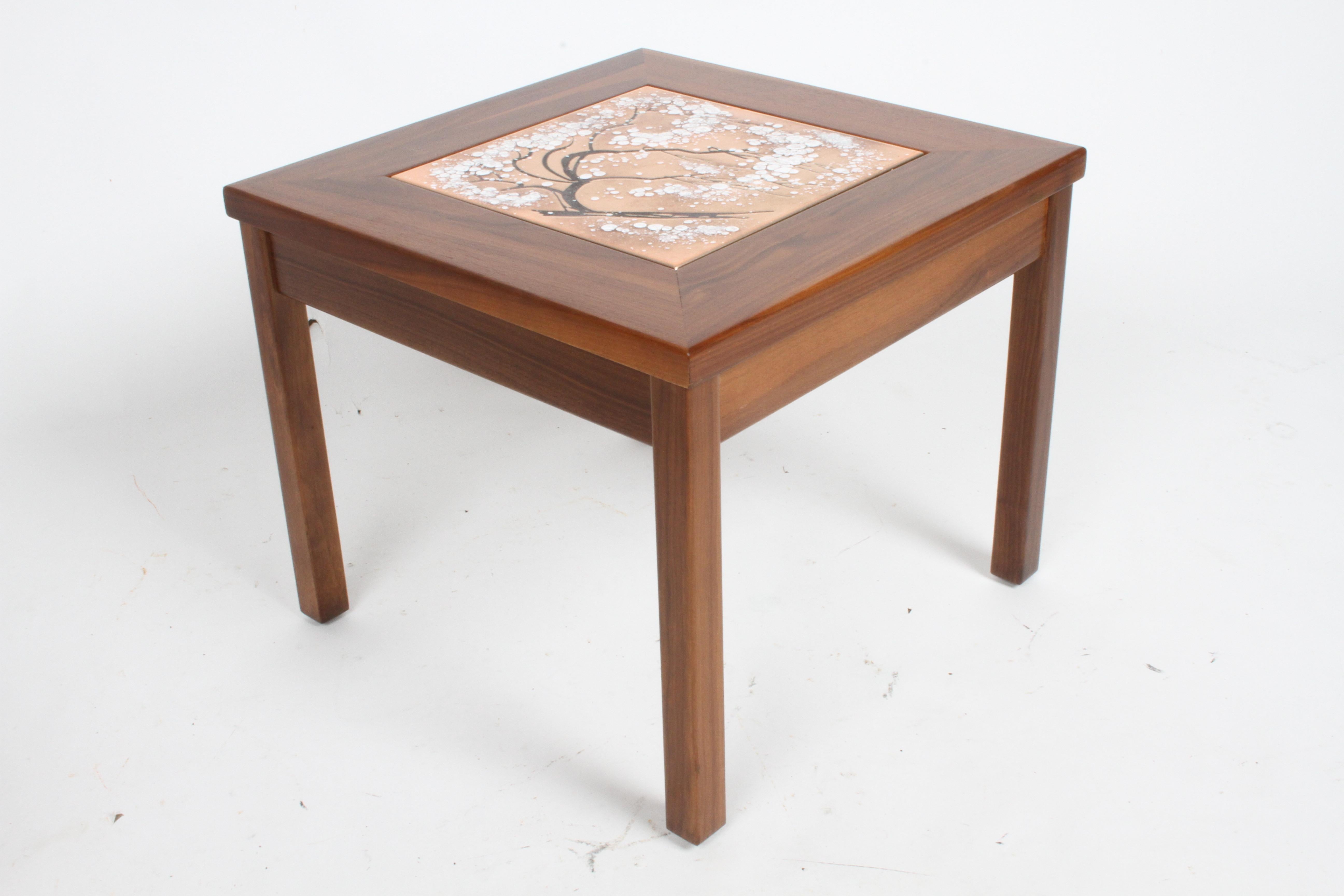 Ceramic John Keal for Brown Saltman Snowbell Tree Tile Top Design, Walnut Side Tables For Sale
