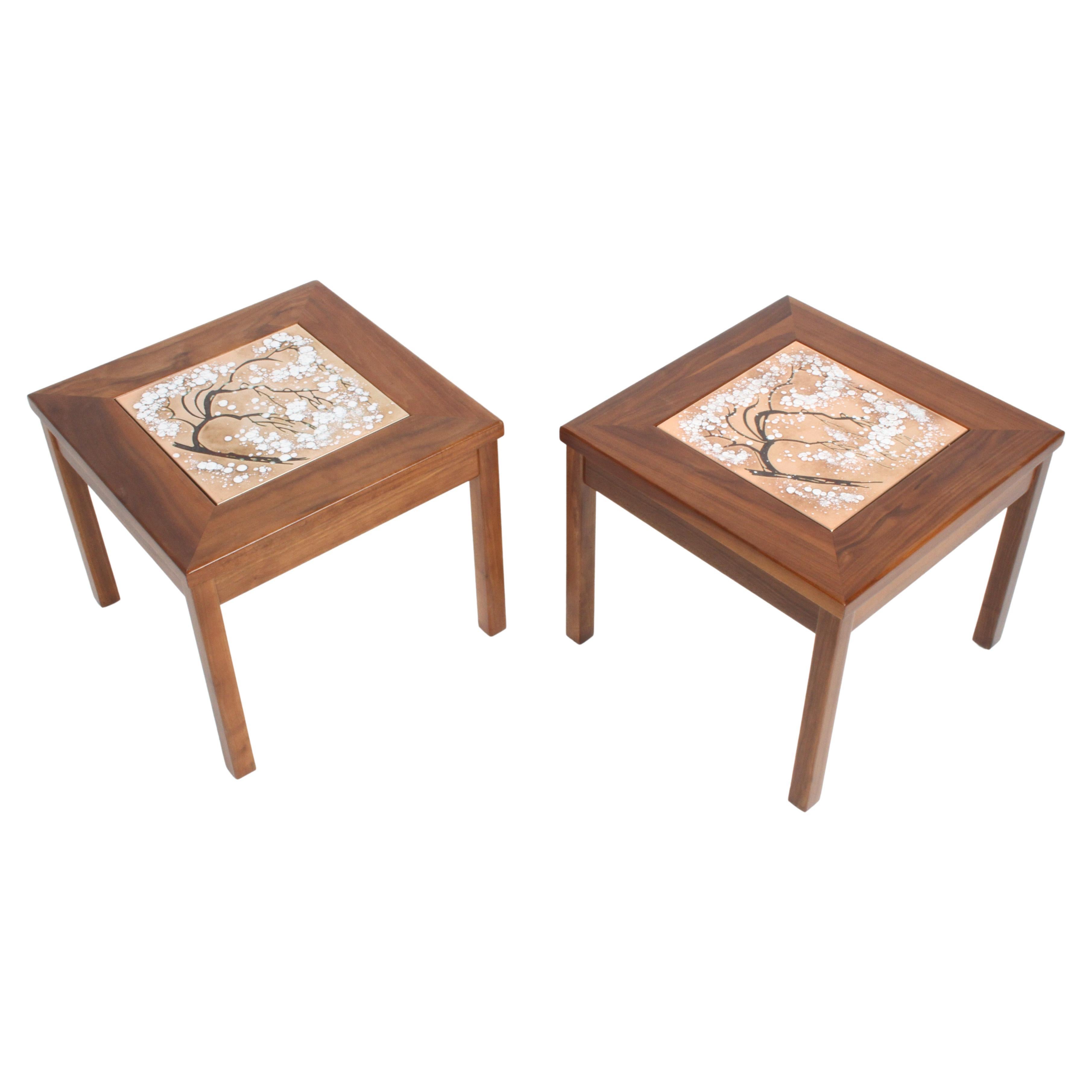 John Keal for Brown Saltman Snowbell Tree Tile Top Design, Walnut Side Tables