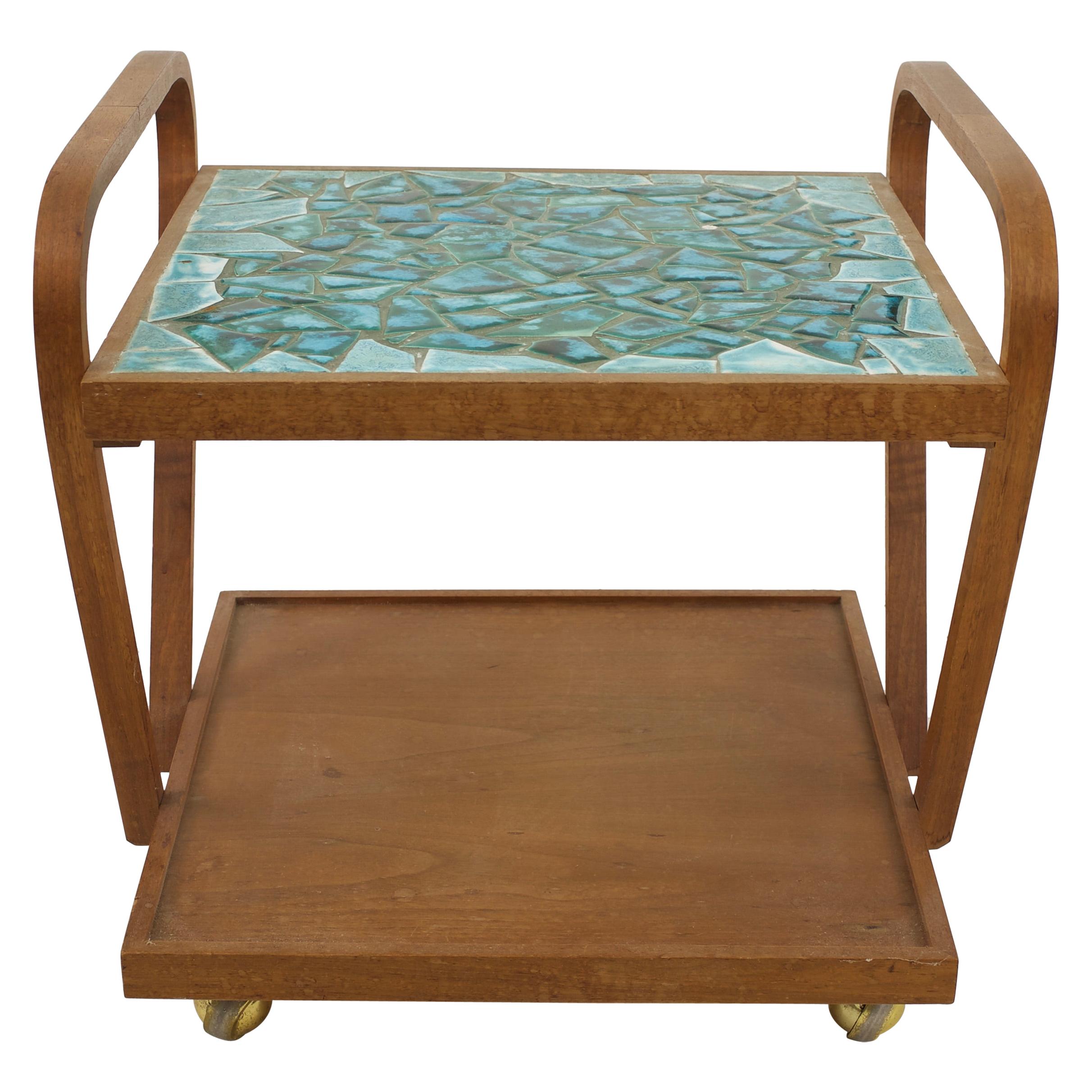 John Keal for Brown Saltman Style Mid Century Mosaic Side End Table Cart