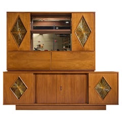 John Keal for Brown Saltman Style Mid Century Tambour Door Credenza and Hutch