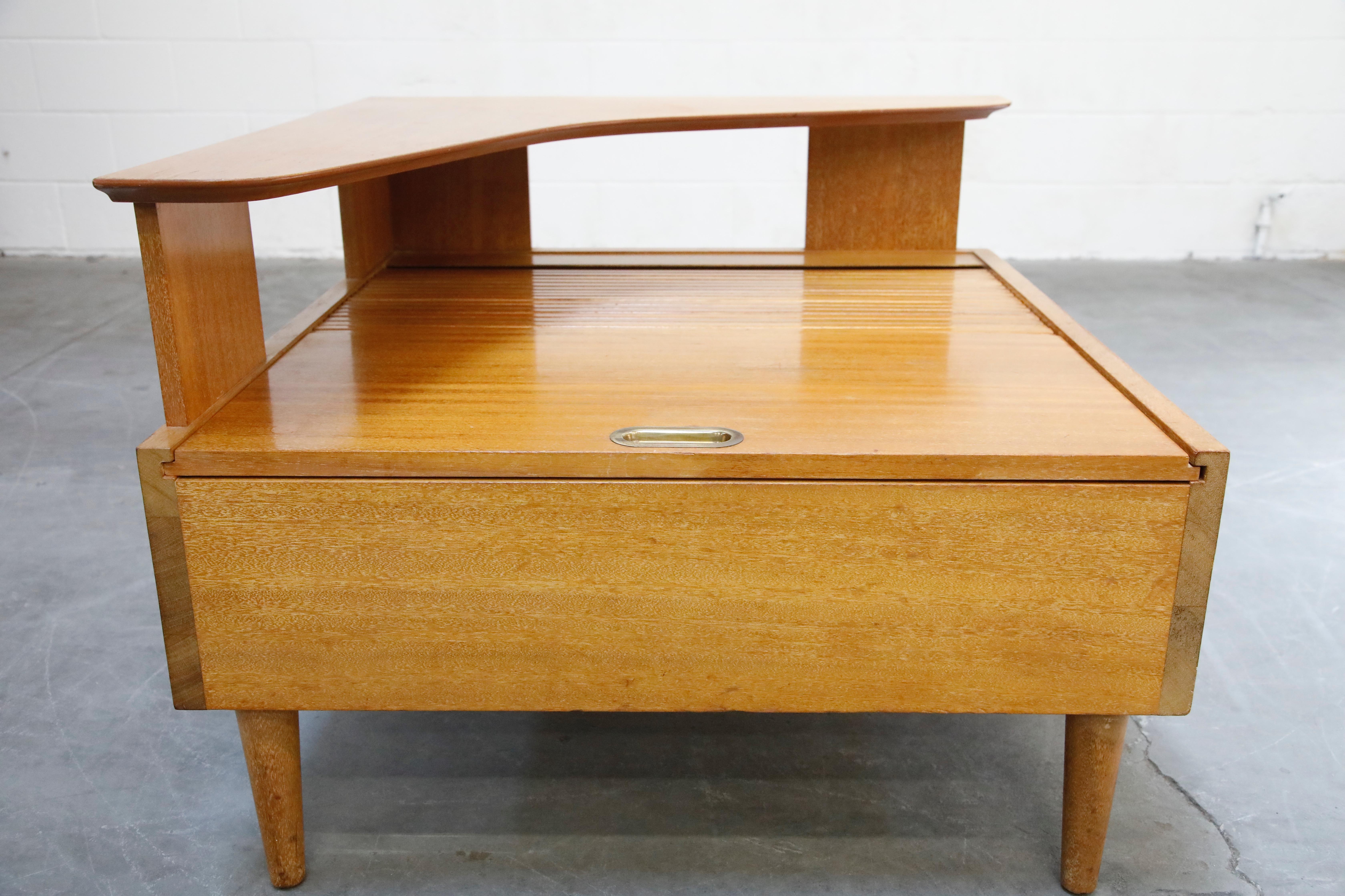 John Keal for Brown Saltman Two-Tiered Tambour Storage Corner Table, Signed 6