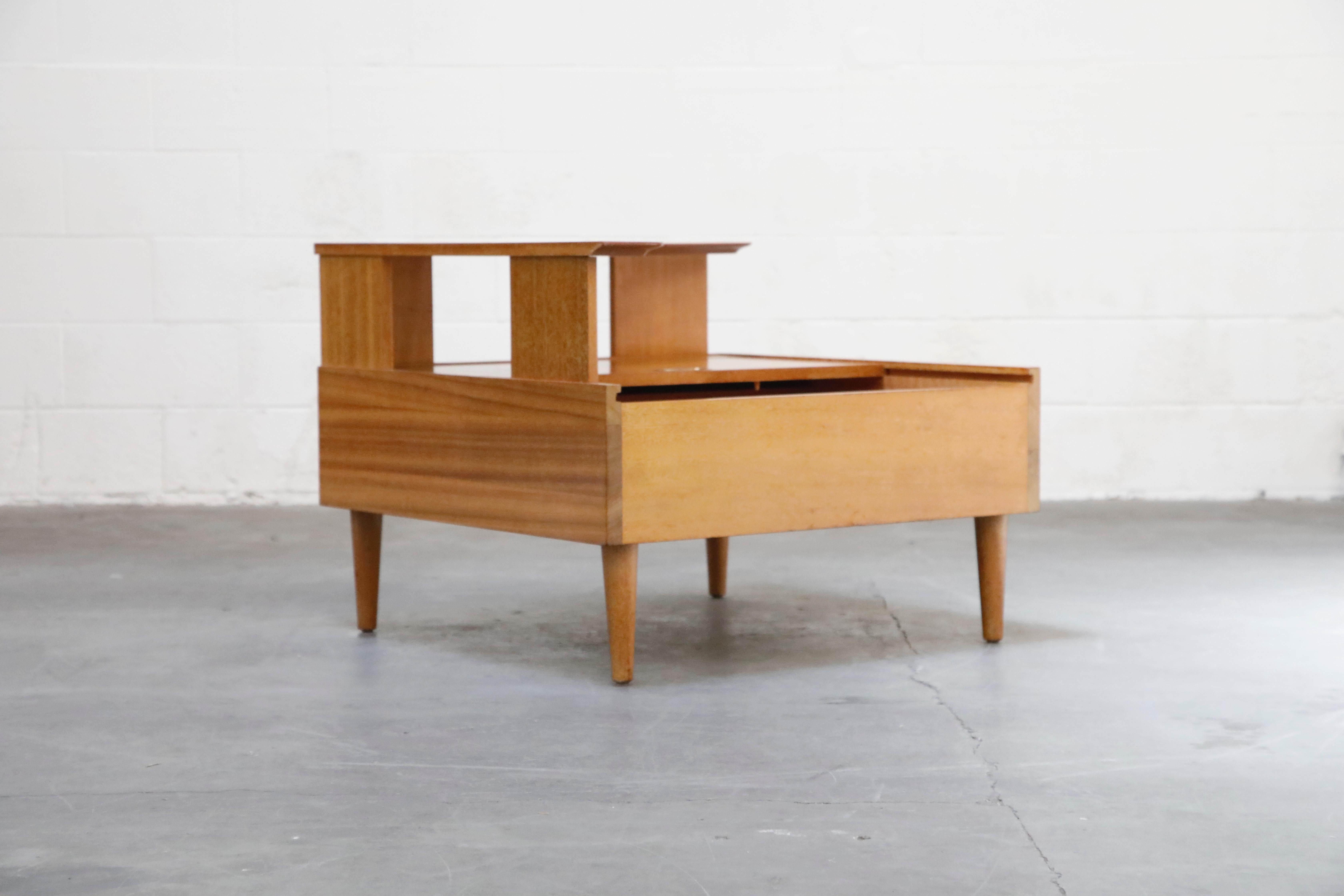 Mid-Century Modern John Keal for Brown Saltman Two-Tiered Tambour Storage Corner Table, Signed