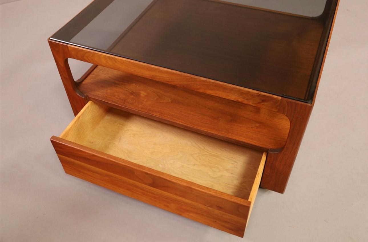 Hand-Crafted John Keal for Brown Saltman Walnut and Smoked Glass 1 Drawer Side Table
