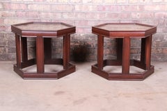 John Keal for Brown Saltman Walnut Hexagonal Side Tables, Pair