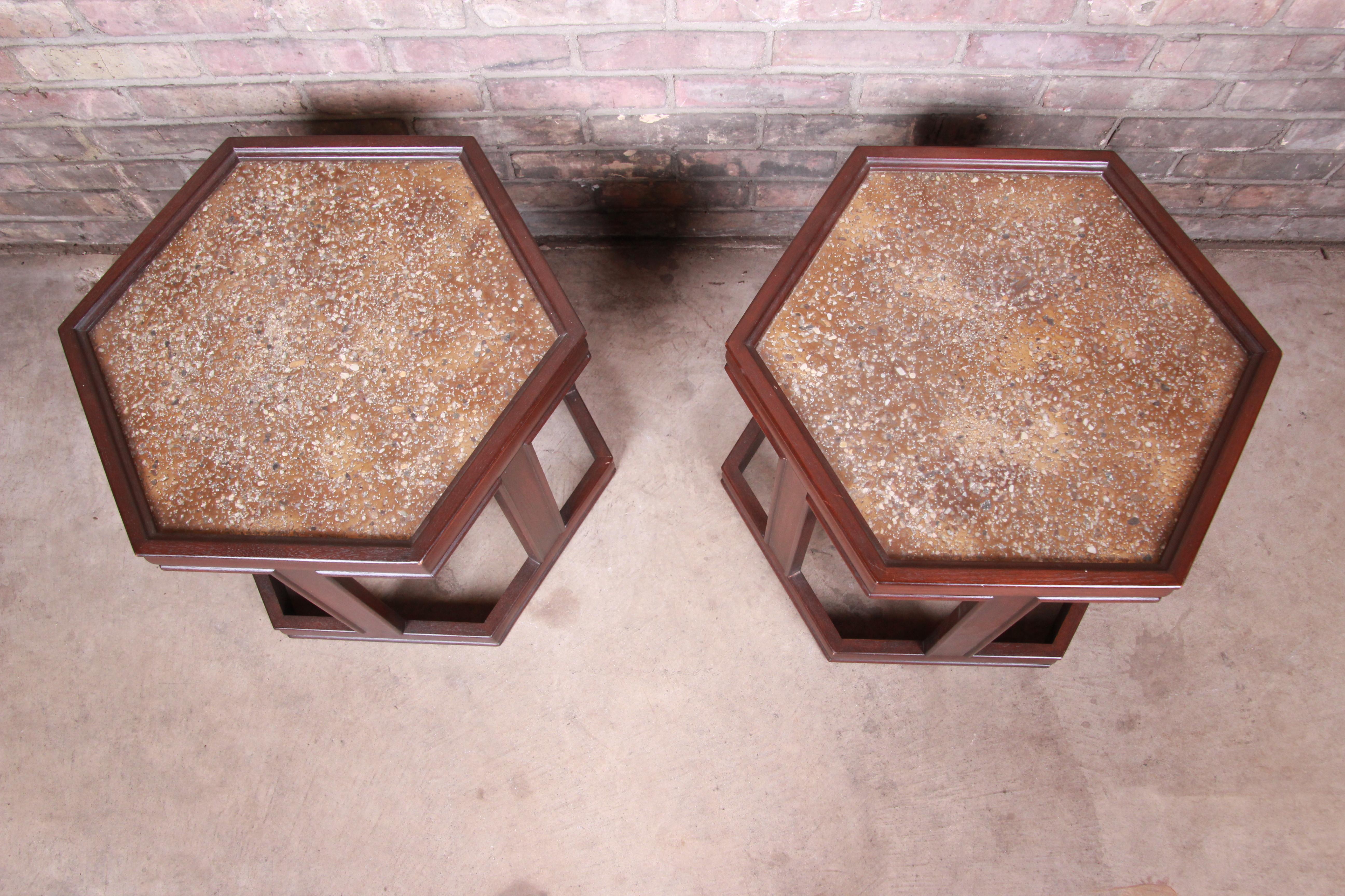 Mid-Century Modern John Keal for Brown Saltman Walnut Hexagonal Side Tables, Pair