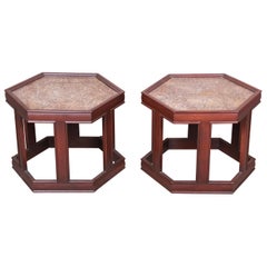 John Keal for Brown Saltman Walnut Hexagonal Side Tables, Pair