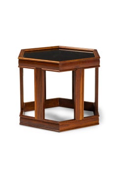 John Keal Mid-Century Hexagonal Black Glass and Walnut Occasional / End Table