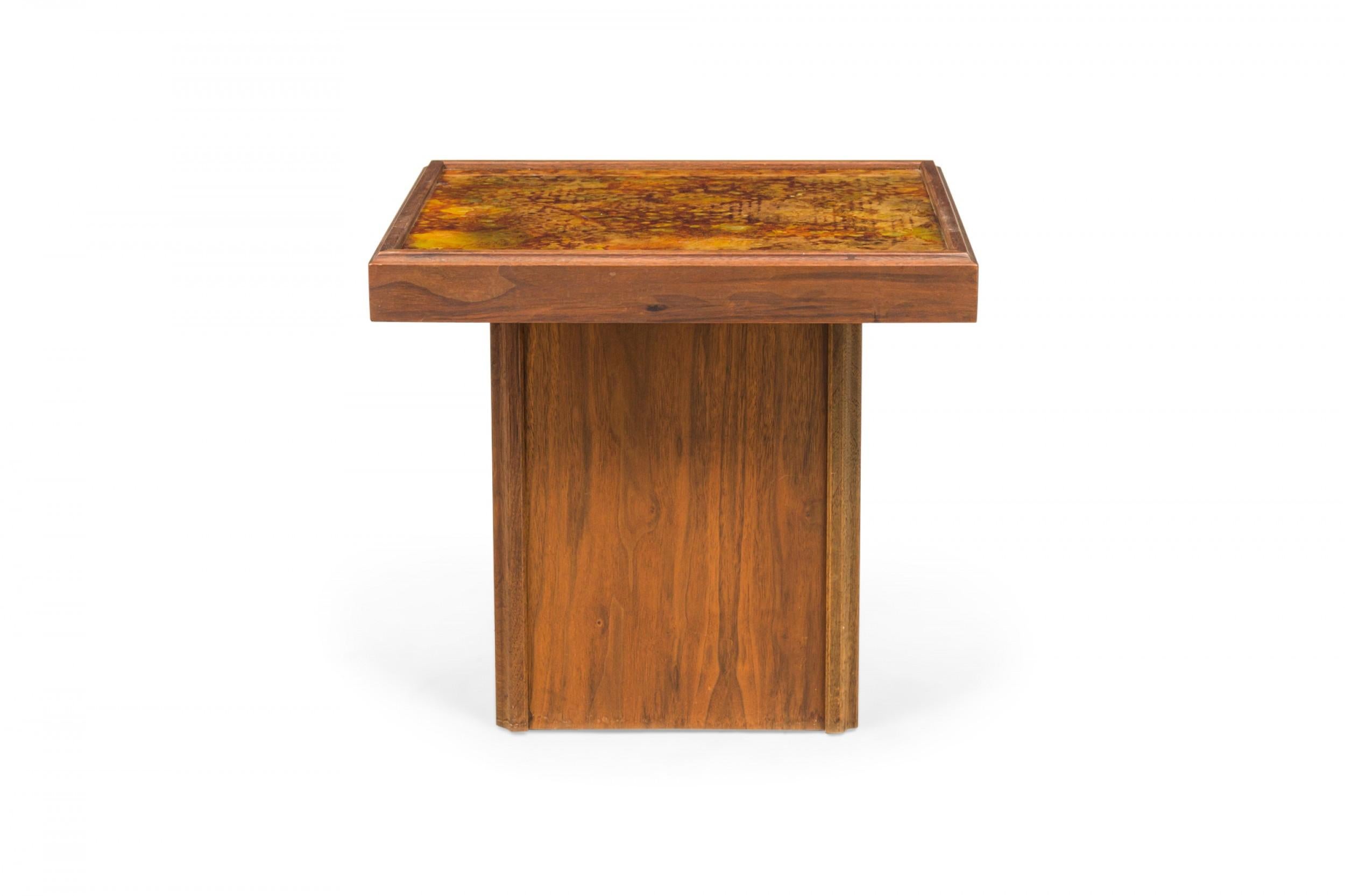 Mid-Century Modern John Keal Mid-Century Square Reverse Painted Glass and Walnut End / Side Tables For Sale