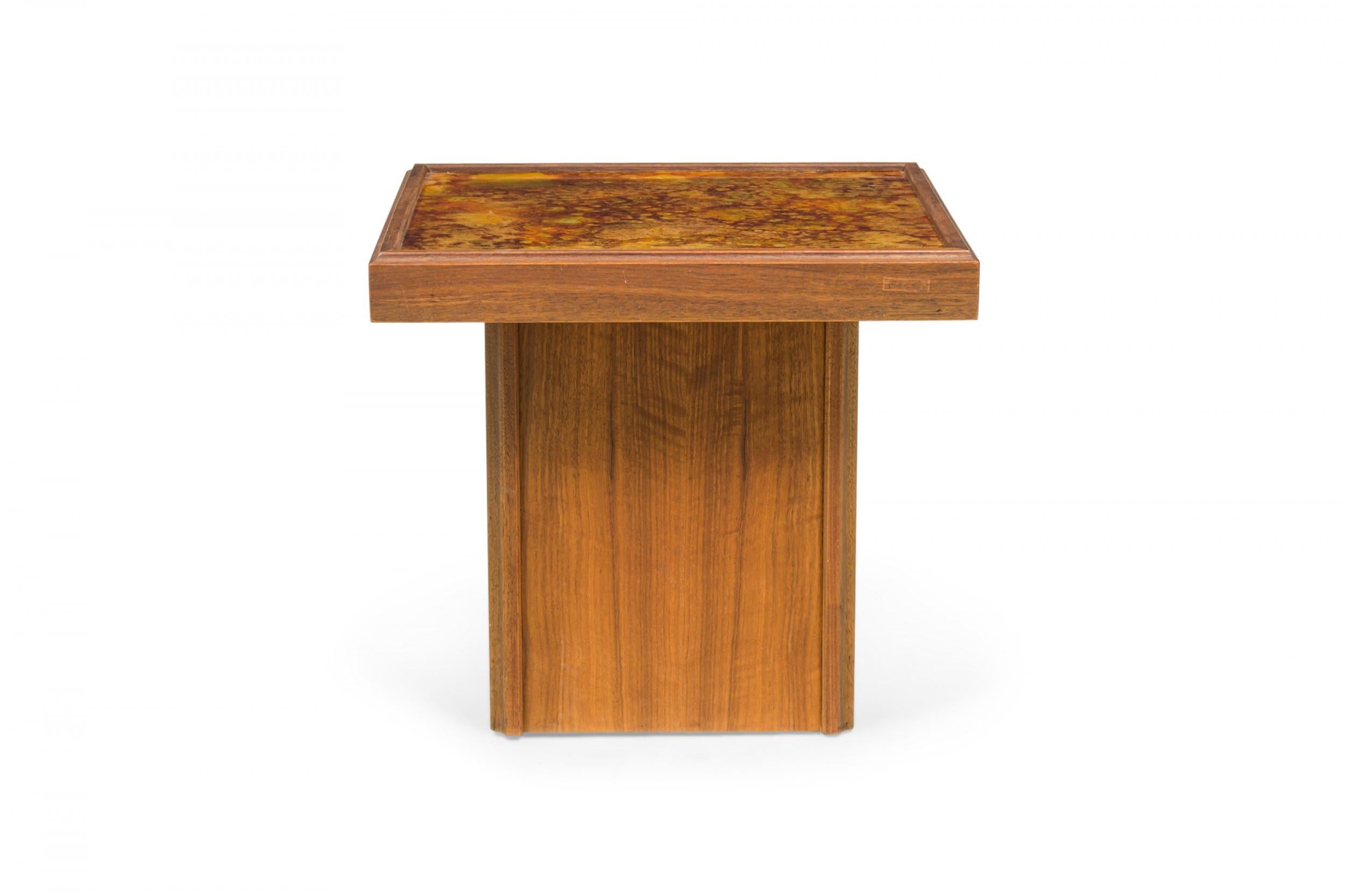 20th Century John Keal Mid-Century Square Reverse Painted Glass and Walnut End / Side Tables For Sale