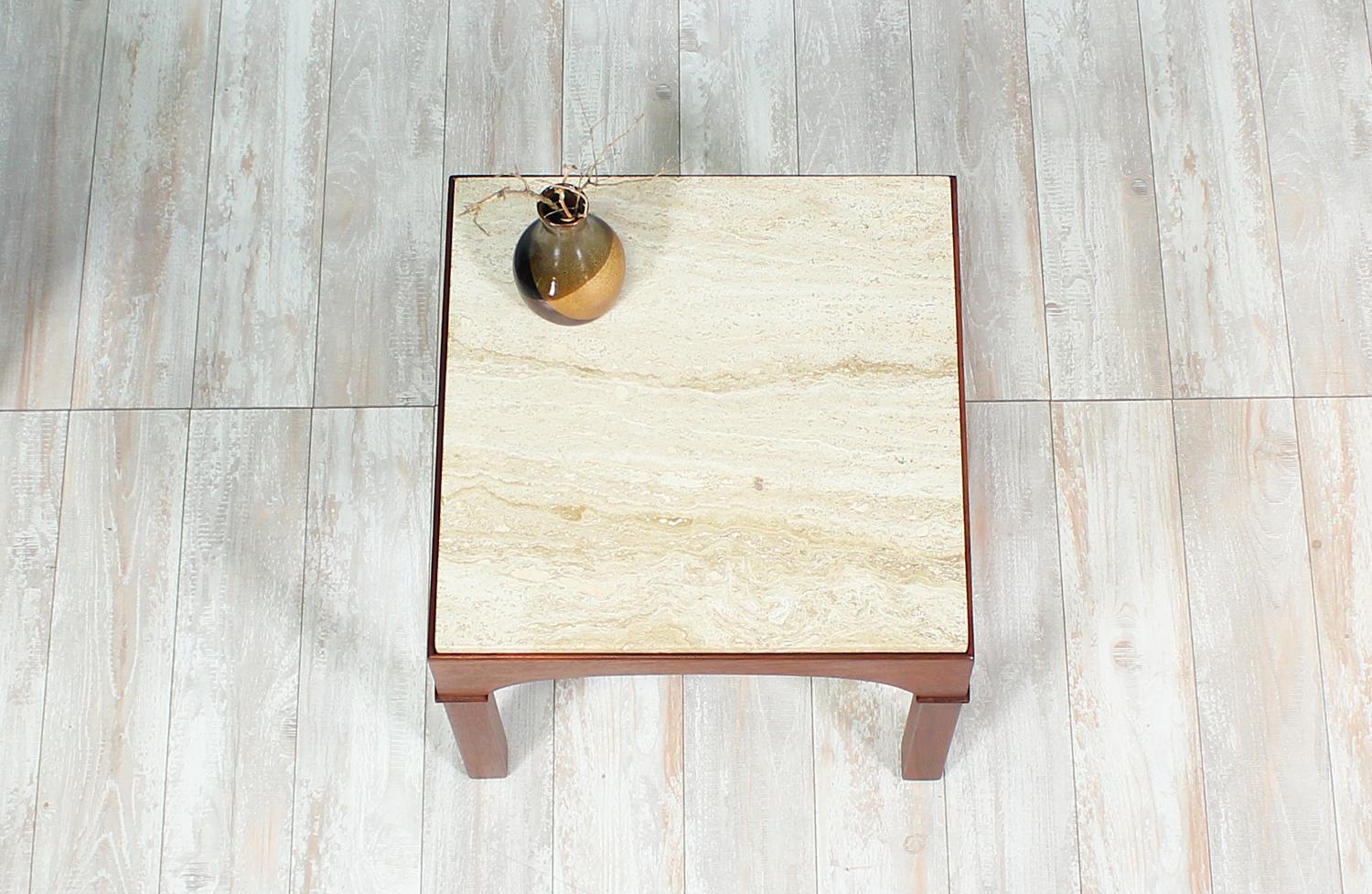 John Keal Side Table with Travertine Top for Brown Saltman 1